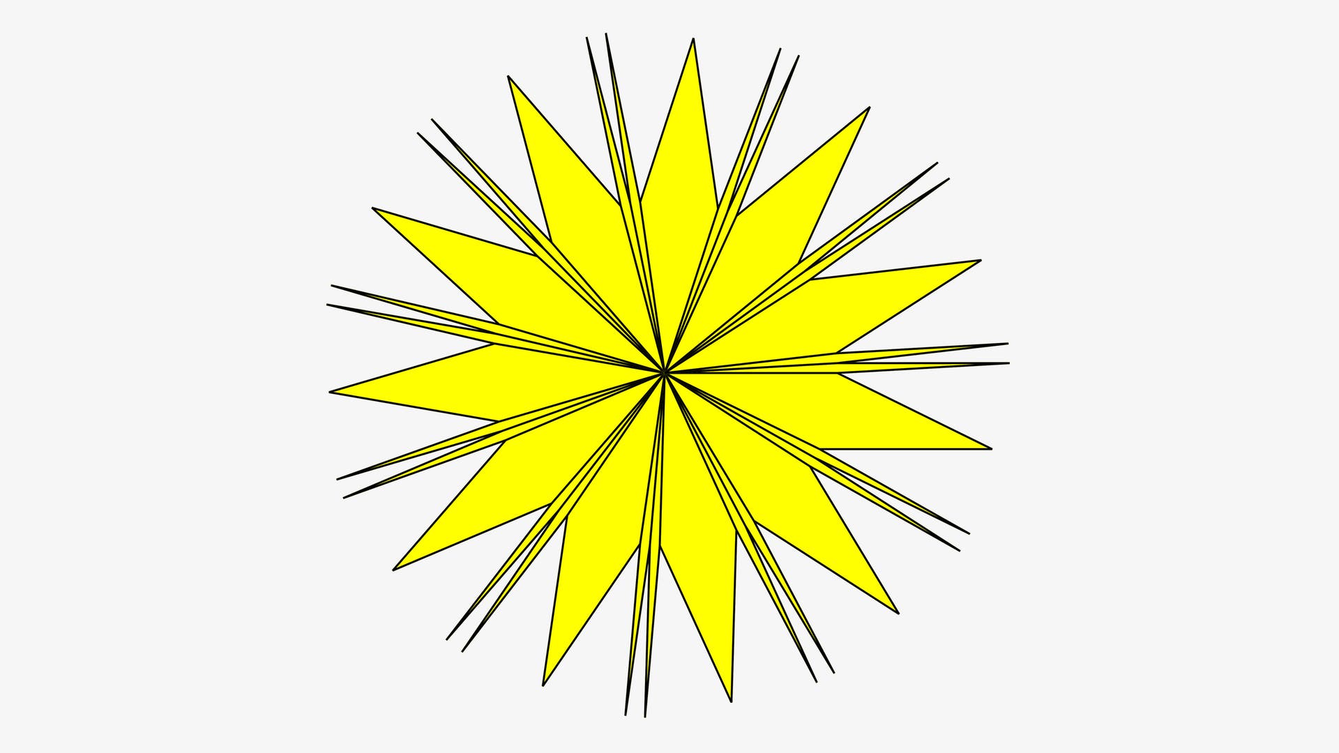 Eine gelbe, sternförmige Skizze mit mehreren spitzen Zacken, die von einem zentralen Punkt ausgehen. Die Zacken sind gleichmäßig verteilt und variieren in der Länge, wodurch ein symmetrisches Muster entsteht. Die Skizze erinnert an eine stilisierte Sonne oder einen Stern.