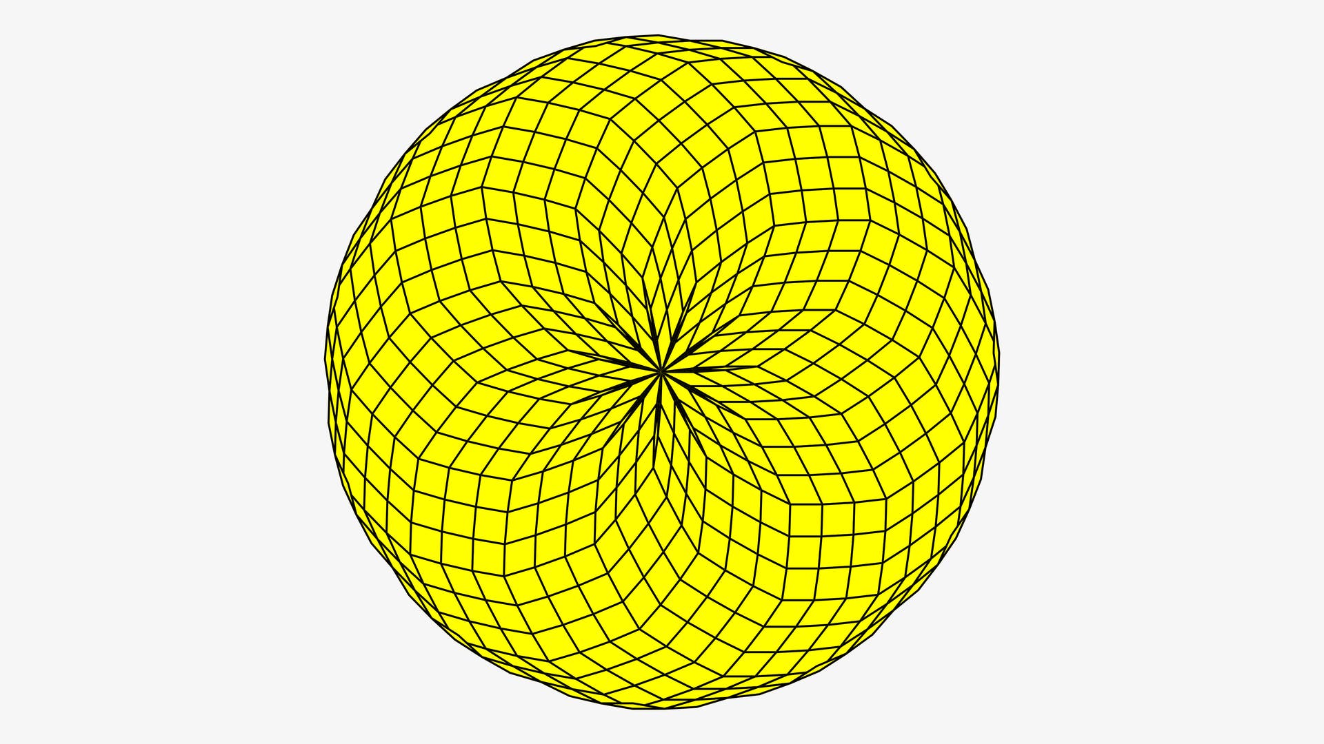 Eine gelbe 3D-Darstellung einer kugelförmigen Struktur, die aus einem Gitter von quadratischen Flächen besteht. Die Linien des Gitters verlaufen von einem zentralen Punkt aus radial nach außen und erzeugen ein symmetrisches Muster. Die Struktur erinnert an eine geometrische Blume oder ein Netz, das sich über die Oberfläche der Kugel erstreckt.