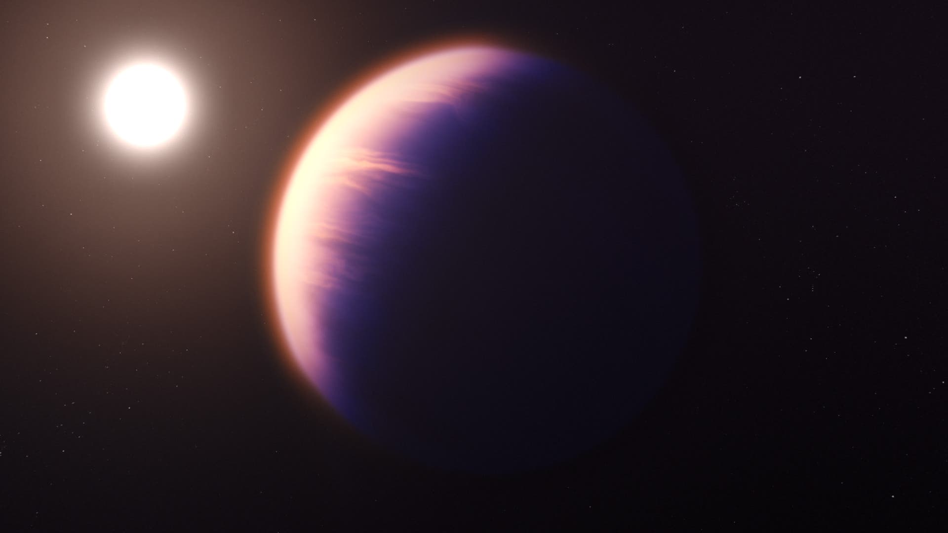 Illustration des Exoplaneten WASP-39b, eines Gasriesen, der von einem Stern angestrahlt wird.