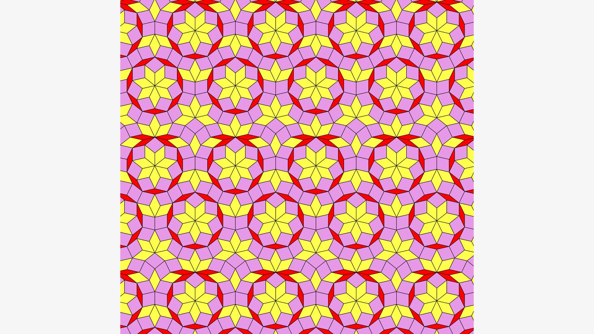 Ein geometrisches Muster mit sich wiederholenden, ineinander verschlungenen Formen. Gelbe sechszackige Sterne sind von roten und lila geometrischen Formen umgeben, die ein symmetrisches, kaleidoskopartiges Design bilden. Die Anordnung erzeugt ein lebendiges und harmonisches visuelles Erlebnis, das an islamische Kunst erinnert.