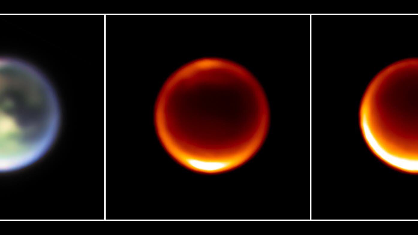 Drei nebeneinander angeordnete Bilder von Titan, einem Mond des Saturn, aufgenommen in verschiedenen Infrarotwellenlängen. Das linke Bild zeigt Titan in einem verschwommenen, bläulichen Licht, das die Oberfläche hervorhebt. Die mittleren und rechten Bilder zeigen Titan in rötlichen Tönen, welche die Wärmeverteilung und Wolkenmerkmale betonen.