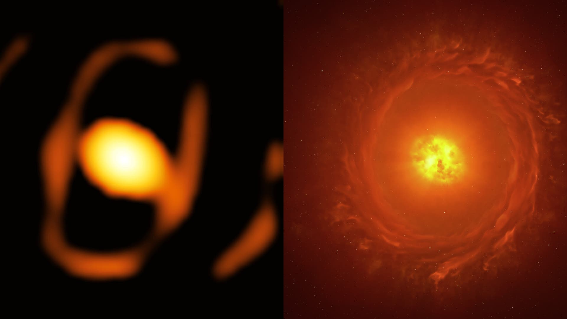 Ein sterbender Riesenstern in der Großen Magellanschen Wolke, links Bild vom VLT-Interferometer, rechts Illustration zur Vedeutlichung.