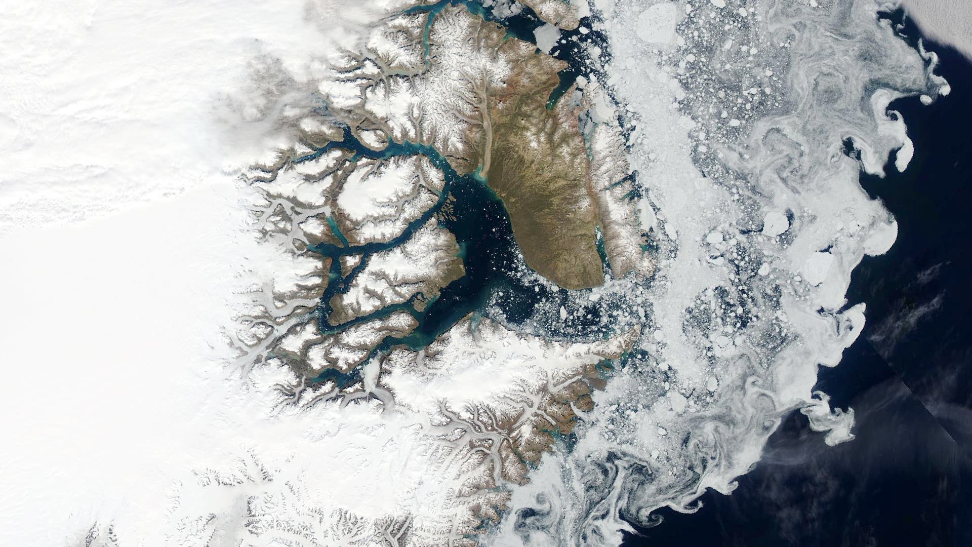 Satellitenbild von Eisschollen, die Strömungswirbel vor Grönlands Küste nachzeichnen.