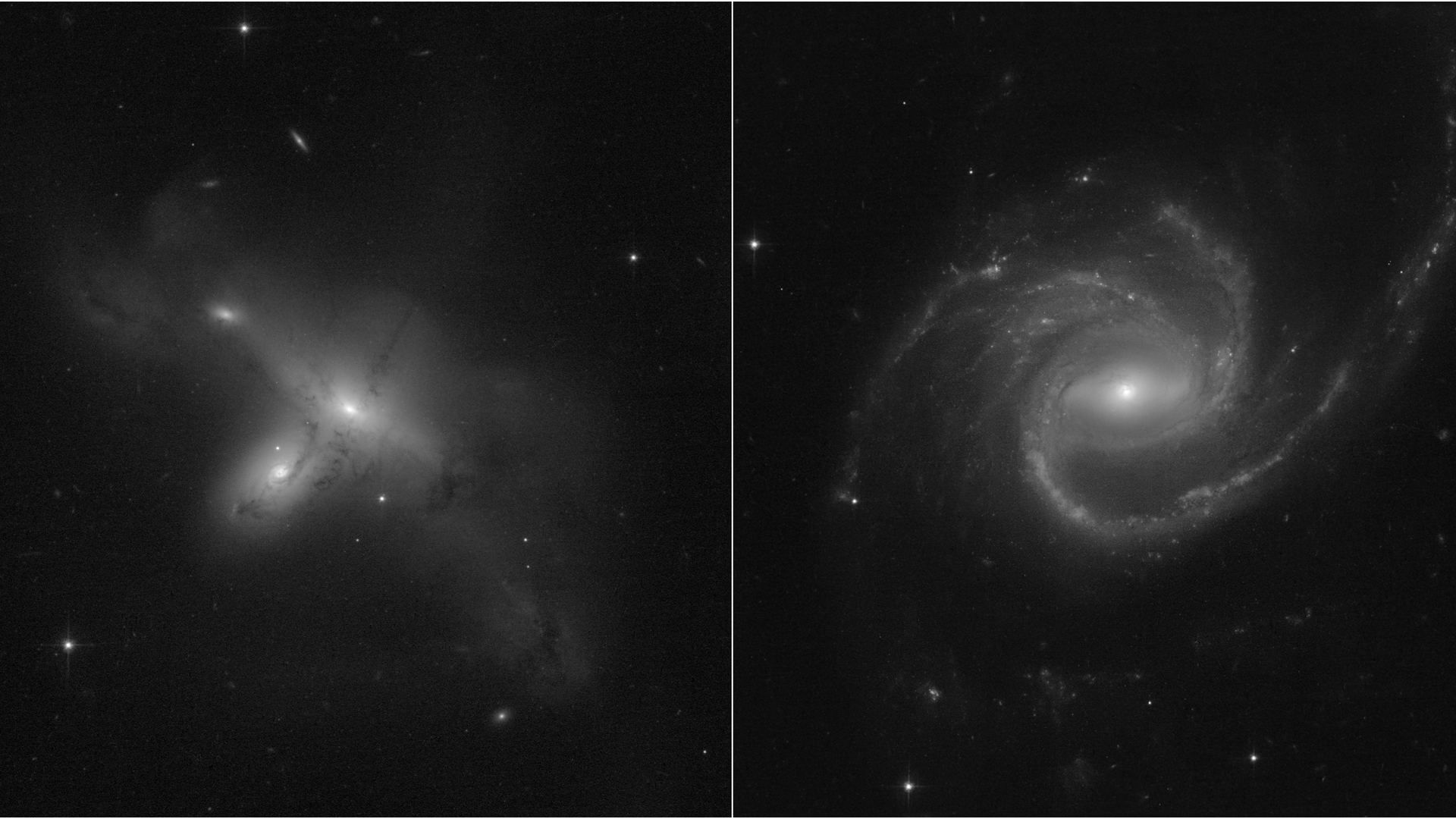 Zu sehen ist zum einen ARP-MADORE2115-273, ein selten beobachtetes Beispiel für ein Paar interagierender Galaxien (links). Zum anderen die große Spiralgalaxie ARP-MADORE0002-503.