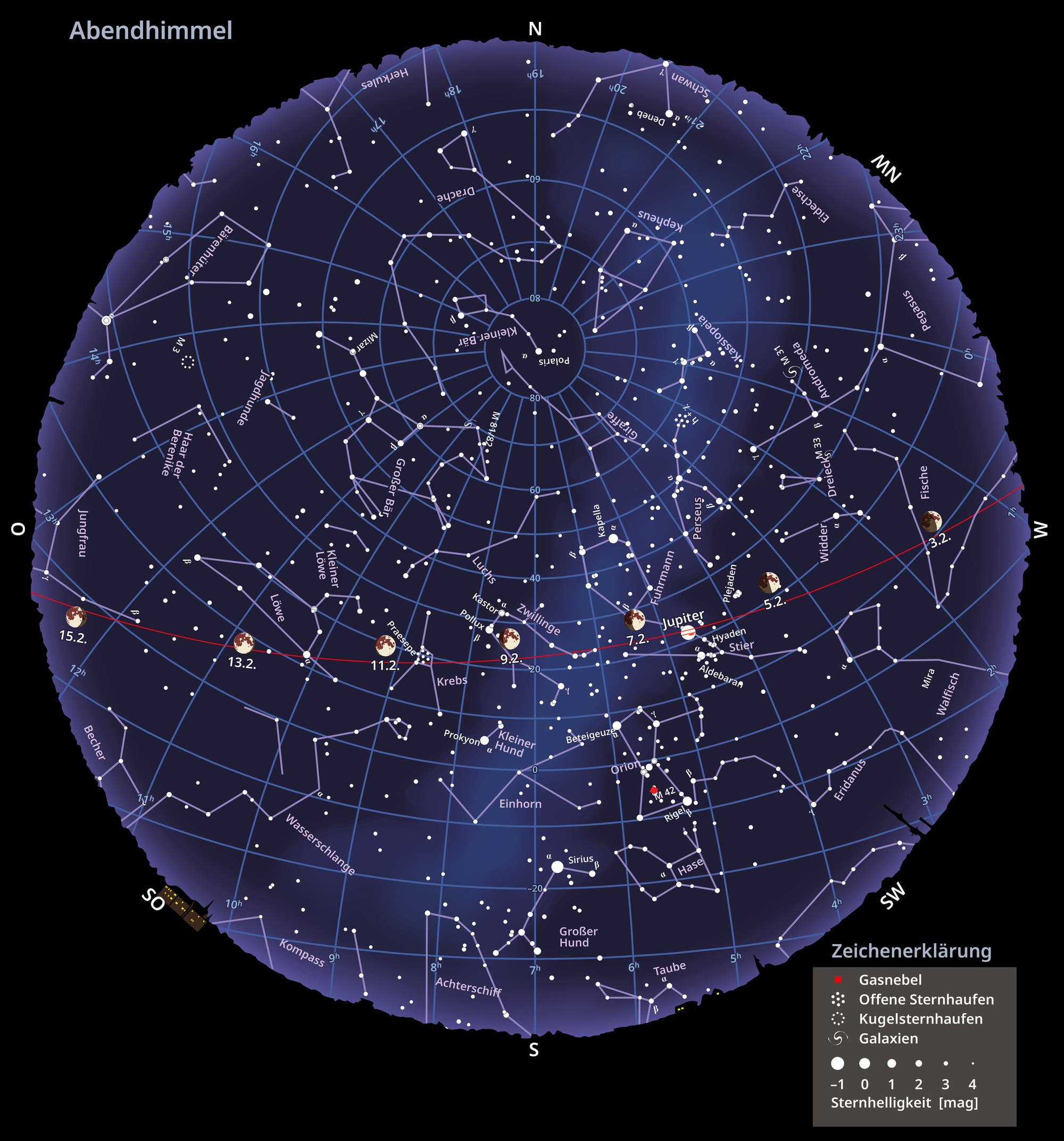 Descripción general Mapa de las fases de la noche en el cielo y la luna en febrero de 2025