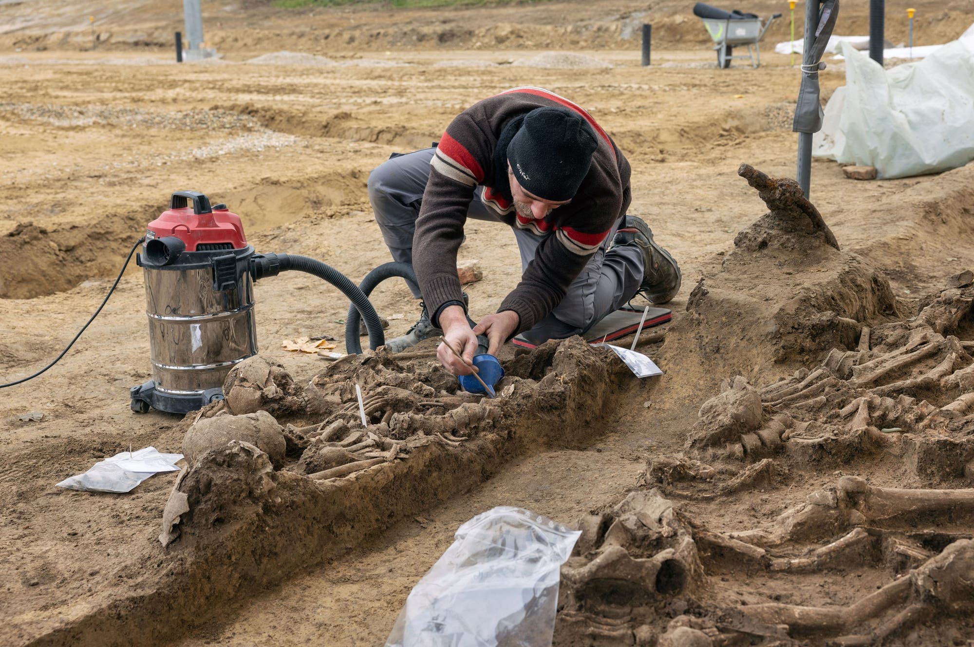 Ein Archäologe arbeitet auf einer Ausgrabungsstätte und untersucht sorgfältig menschliche Skelette, die im Boden freigelegt wurden. Er trägt eine Mütze und einen gestreiften Pullover und verwendet ein kleines Werkzeug, um die Knochen zu reinigen. Neben ihm steht ein roter und silberner Staubsauger. Im Hintergrund sind weitere Ausgrabungswerkzeuge und Materialien zu sehen. Die Szene vermittelt den Prozess der archäologischen Forschung und Entdeckung.