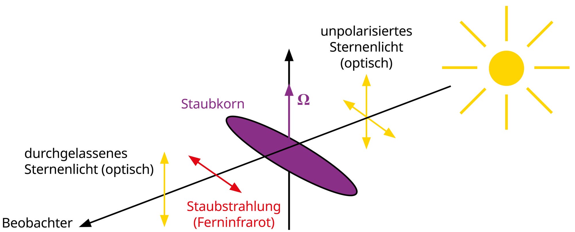 Optische Strahlung eines Sterns trifft von rechts oben auf ein längliches Staubkorn und wird dabei linear polarisiert