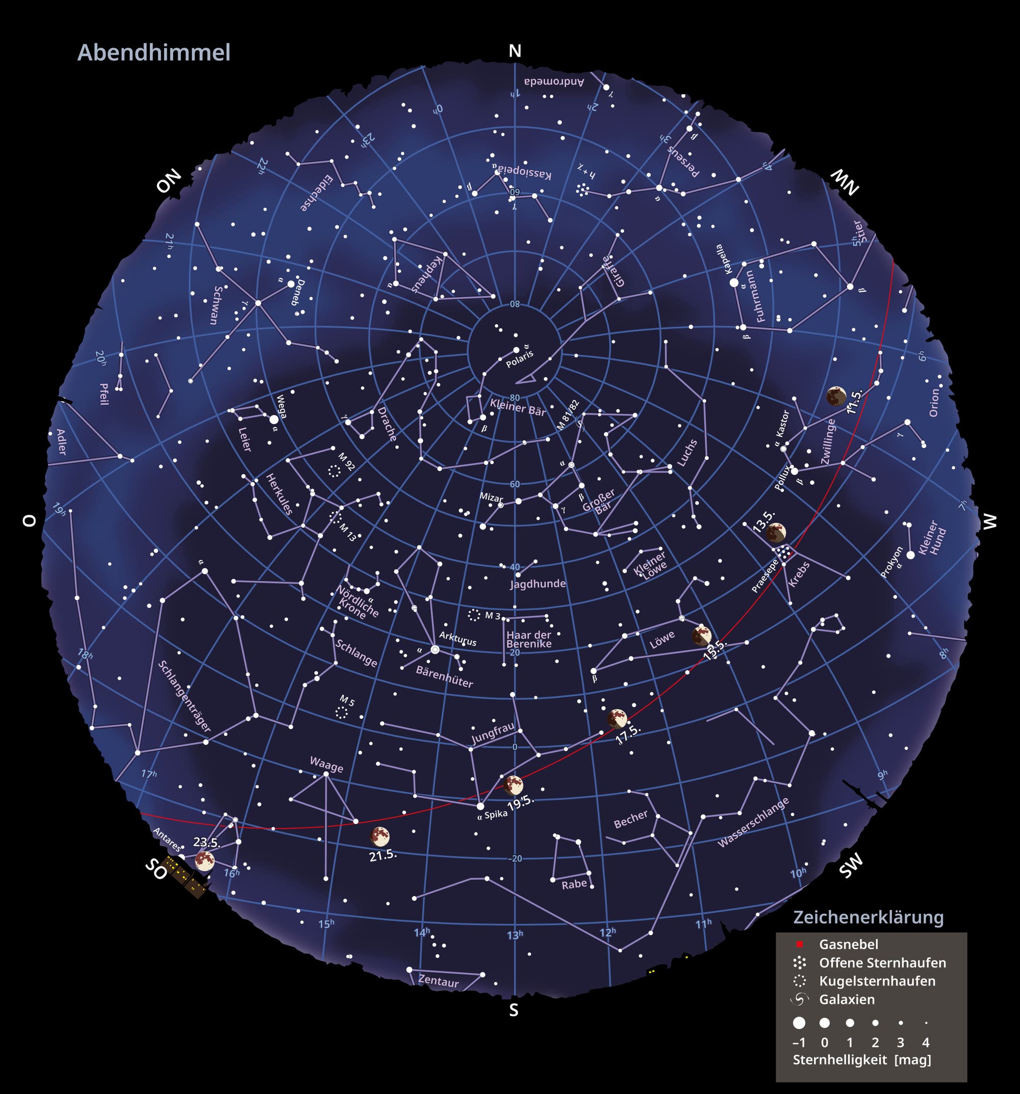 Übersichtskarte des Abendhimmels im Mai 2024