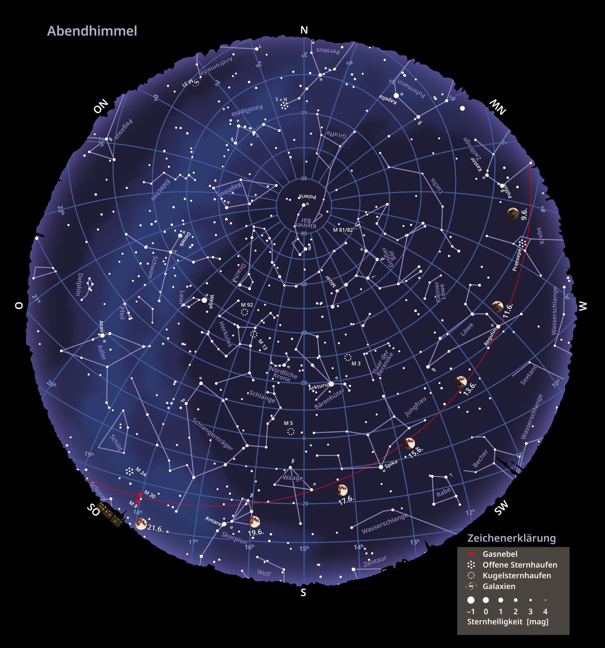 Übersichtskarte des Abendhimmels im Juni 2024