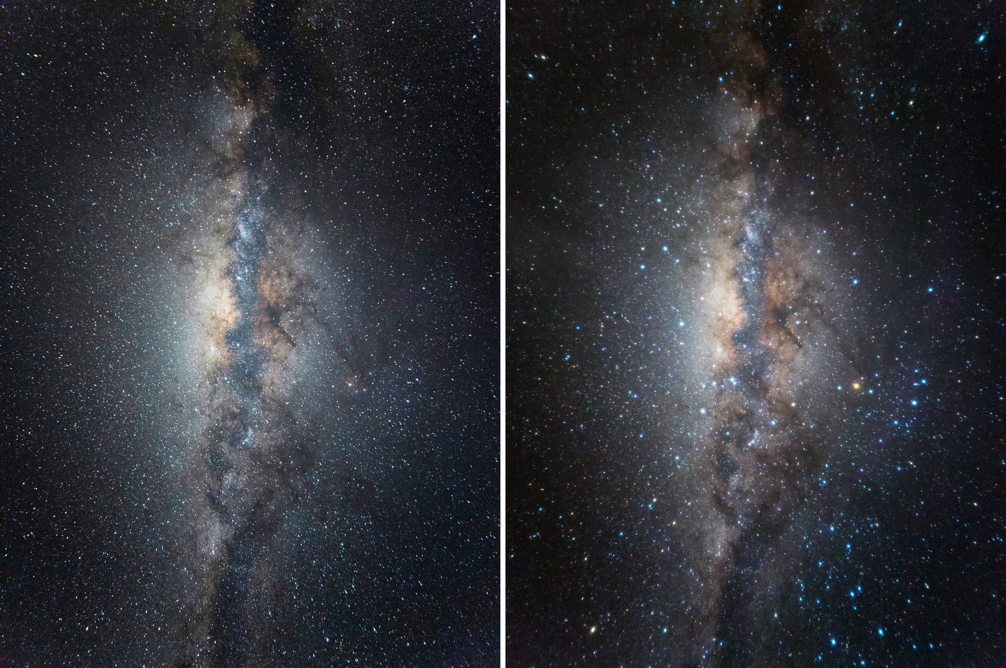 Zwei nebeneinanderliegende Aufnahmen der Milchstraße, die den dichten, leuchtenden Kern und die umgebenden Sterne zeigen. Die linke Aufnahme zeigt eine leicht andere Belichtung als die rechte, was subtile Unterschiede in der Helligkeit und Detailgenauigkeit der Sterne und des galaktischen Zentrums hervorhebt. Der Nachthimmel ist mit unzähligen Sternen übersät, die in verschiedenen Helligkeiten leuchten.