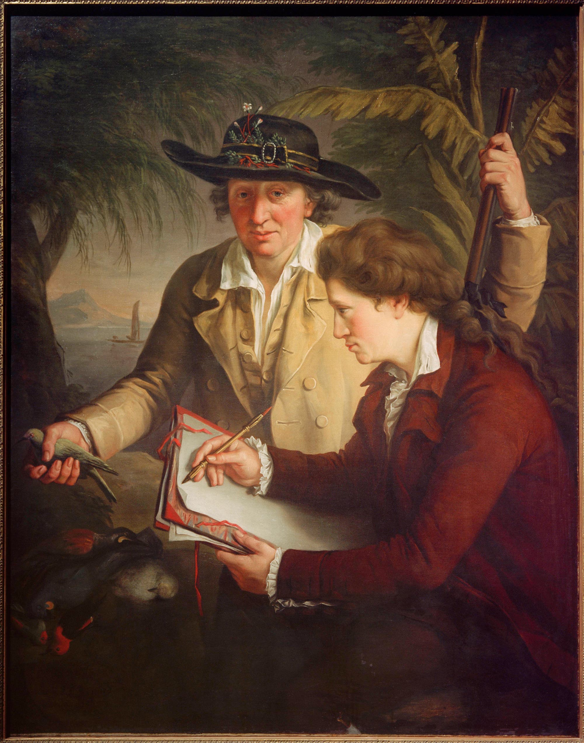 Ein Gemälde zeigt zwei Personen in historischer Kleidung. Eine Person hält einen kleinen Vogel in der Hand, während die andere Person auf ein Notizbuch zeichnet. Im Hintergrund sind Bäume und ein Gewässer mit einem Segelboot zu sehen. Die Szene vermittelt eine ruhige, naturverbundene Atmosphäre.