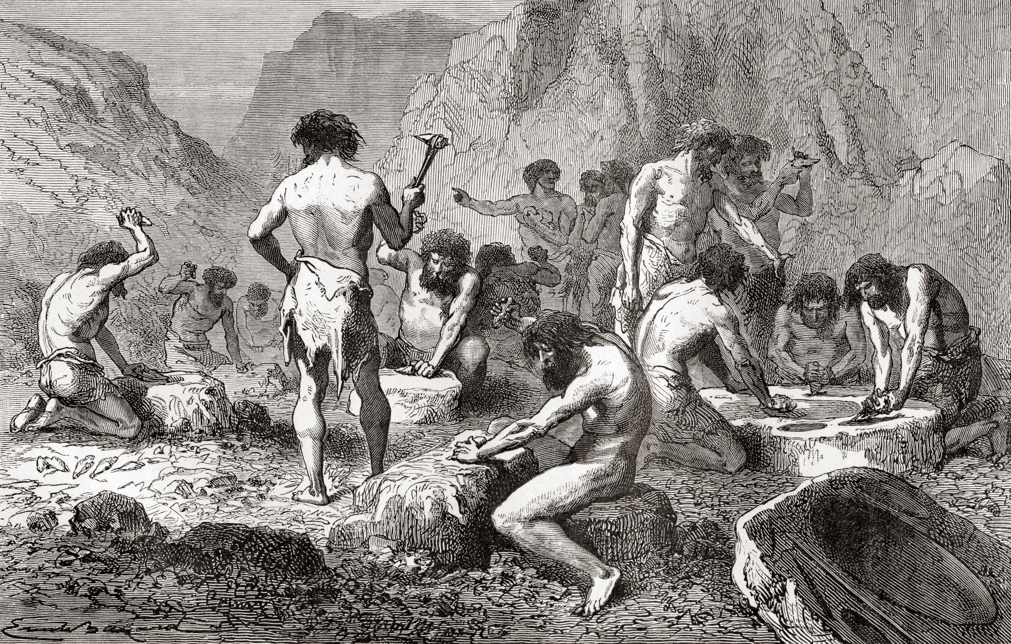 Feuersteinwerkstatt von Le Grand-Pressigny in einer Illustration aus dem Werk »L'homme primitif« von 1870.
