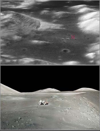 Die Apollo-17-Landestelle, vom Mond und von Hubble aus gesehen