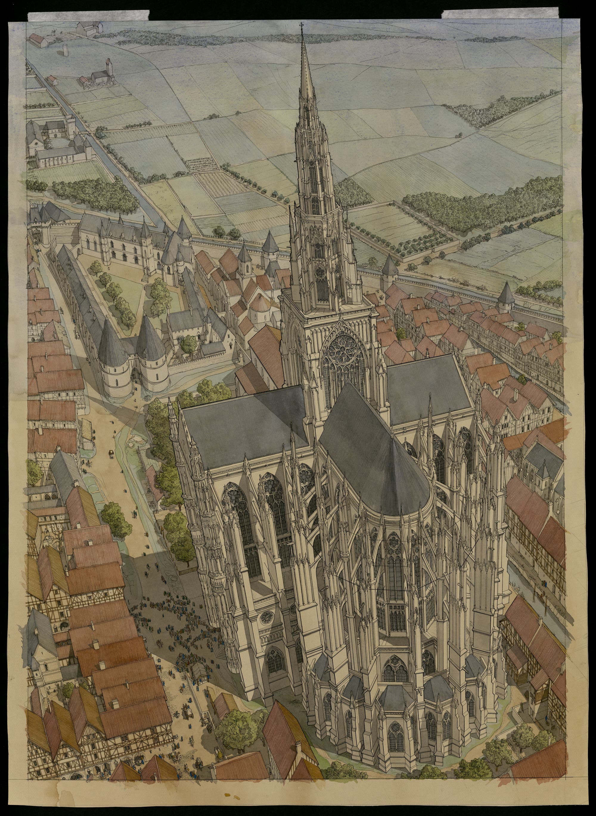 Eine detaillierte Zeichnung einer gotischen Kathedrale mit einem hohen Turm, umgeben von mittelalterlichen Gebäuden und einer Stadtlandschaft. Die Architektur zeigt filigrane Verzierungen und große Fenster. Im Hintergrund erstrecken sich Felder und Wälder. Menschen sind als kleine Figuren in den Straßen zu sehen. Die Szene vermittelt ein historisches Stadtbild.