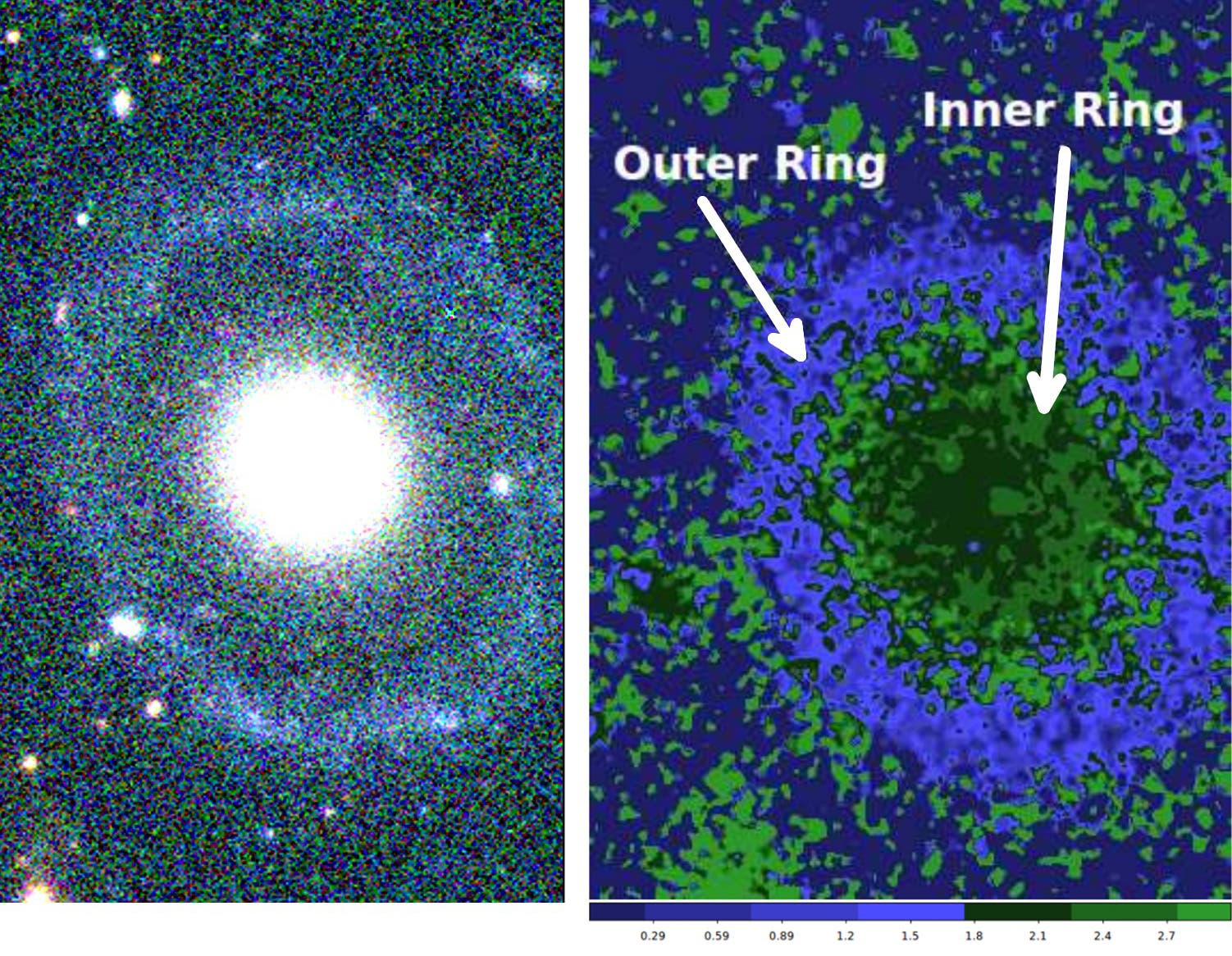 Links: Falschfarbenaufnahme der Galaxie. Rechts: Die Doppelringstruktur, nachdem das digitale Modell des Galaxienzentrums von der Aufnahme subtrahiert wurde.