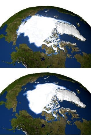 Meereis in der Arktis 1979 (oben) und 2005
