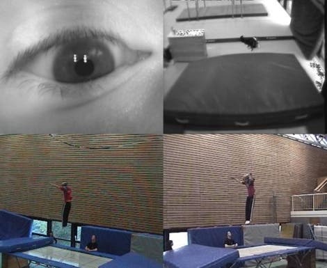 Vier Kameras verfolgen einen Trampolin-Sprung