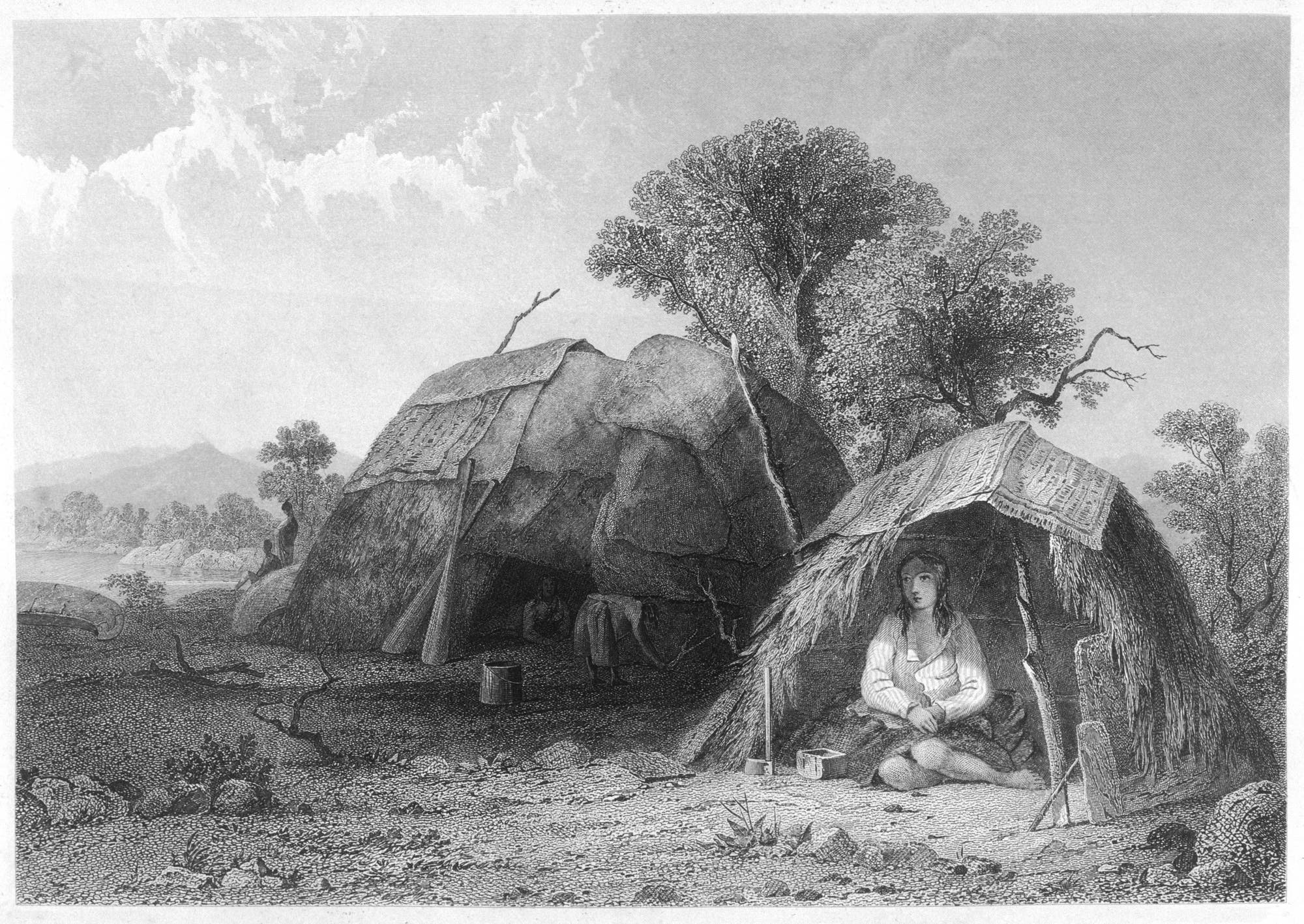 Historische Zeichnung einer amerikanischen Ureinwohnerin, die allein in einem kleinen Zelt sitzt