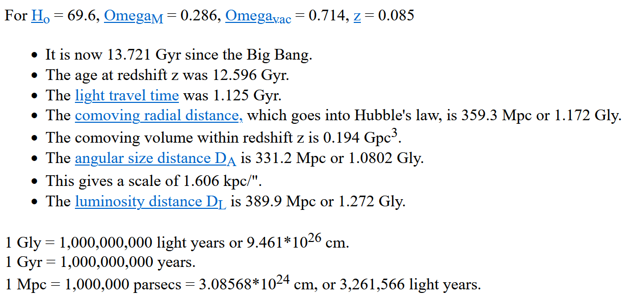 Ergebnisse des Cosmology Calculator für die Entfernung der Teetassen-Galaxie