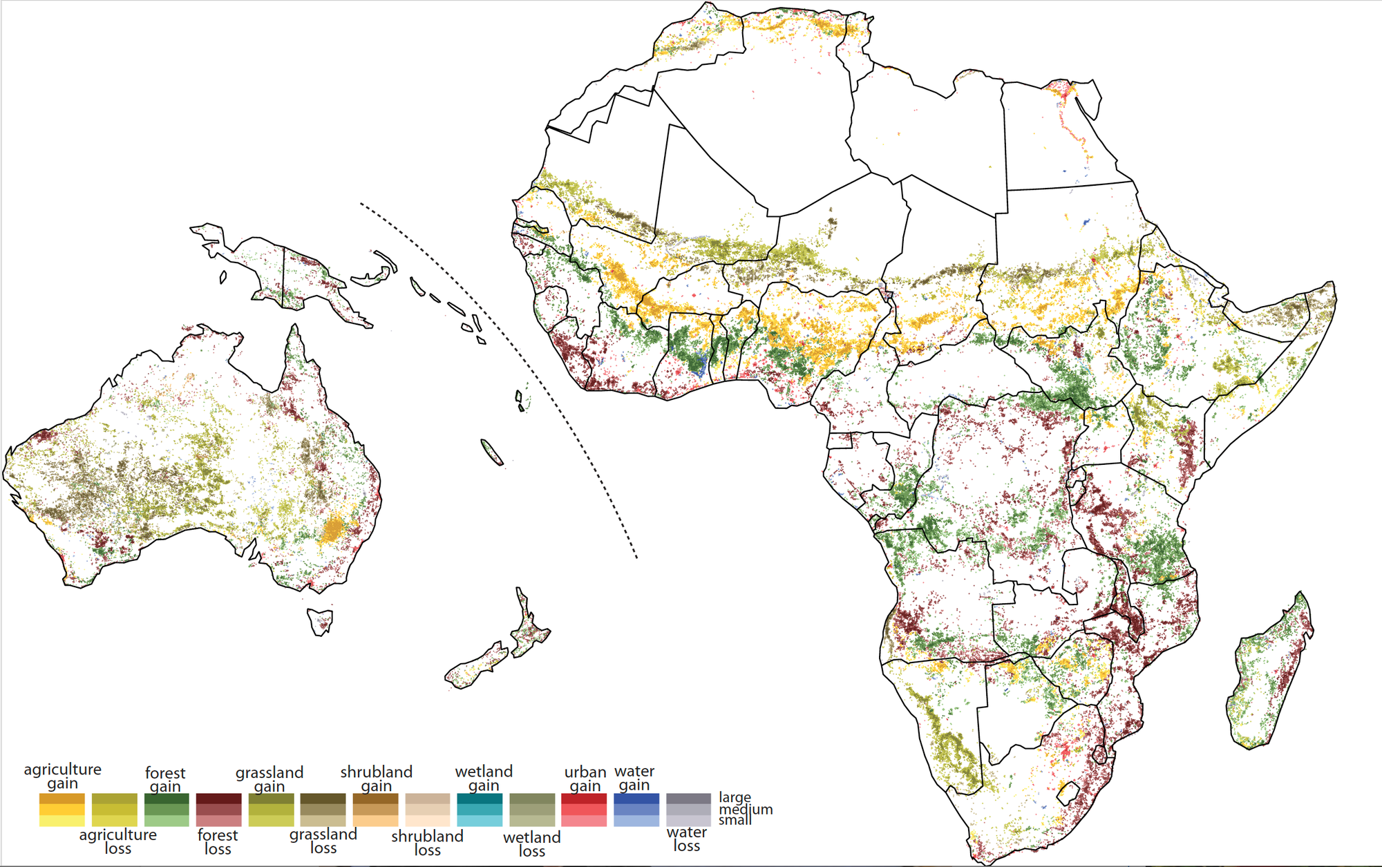 Eine Karte der Landschaftsveränderungen in Afrika und Ozeaninen zwischen 1992 und 2015