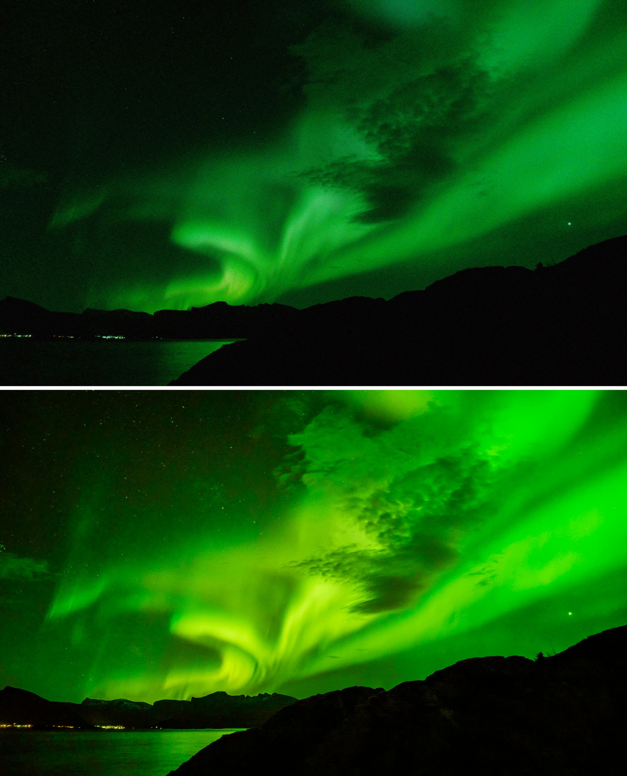 Ein Foto zeigt das Nordlicht über einer dunklen Landschaft mit Bergen und Wasser. Der Himmel ist von leuchtenden, grünen und gelben Lichtbändern durchzogen, die sich wellenförmig ausbreiten. Im Vordergrund sind die Silhouetten von Hügeln oder Bergen zu sehen. Der Nachthimmel ist klar, mit einigen sichtbaren Sternen.