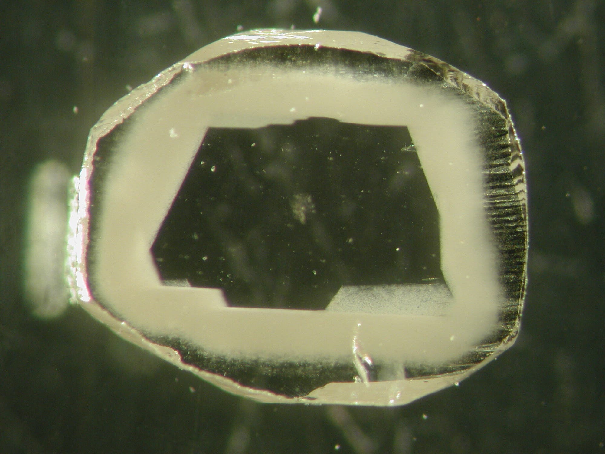 Nahaufnahme eines transparenten Kristalls mit unregelmäßiger, polygonaler Form. Der Kristall zeigt eine klare, glatte Oberfläche mit einem dunkleren, undurchsichtigen Bereich in der Mitte. Die Ränder des Kristalls sind leicht reflektierend und zeigen feine Details der Struktur. Der Hintergrund ist unscharf, was den Fokus auf den Kristall lenkt.