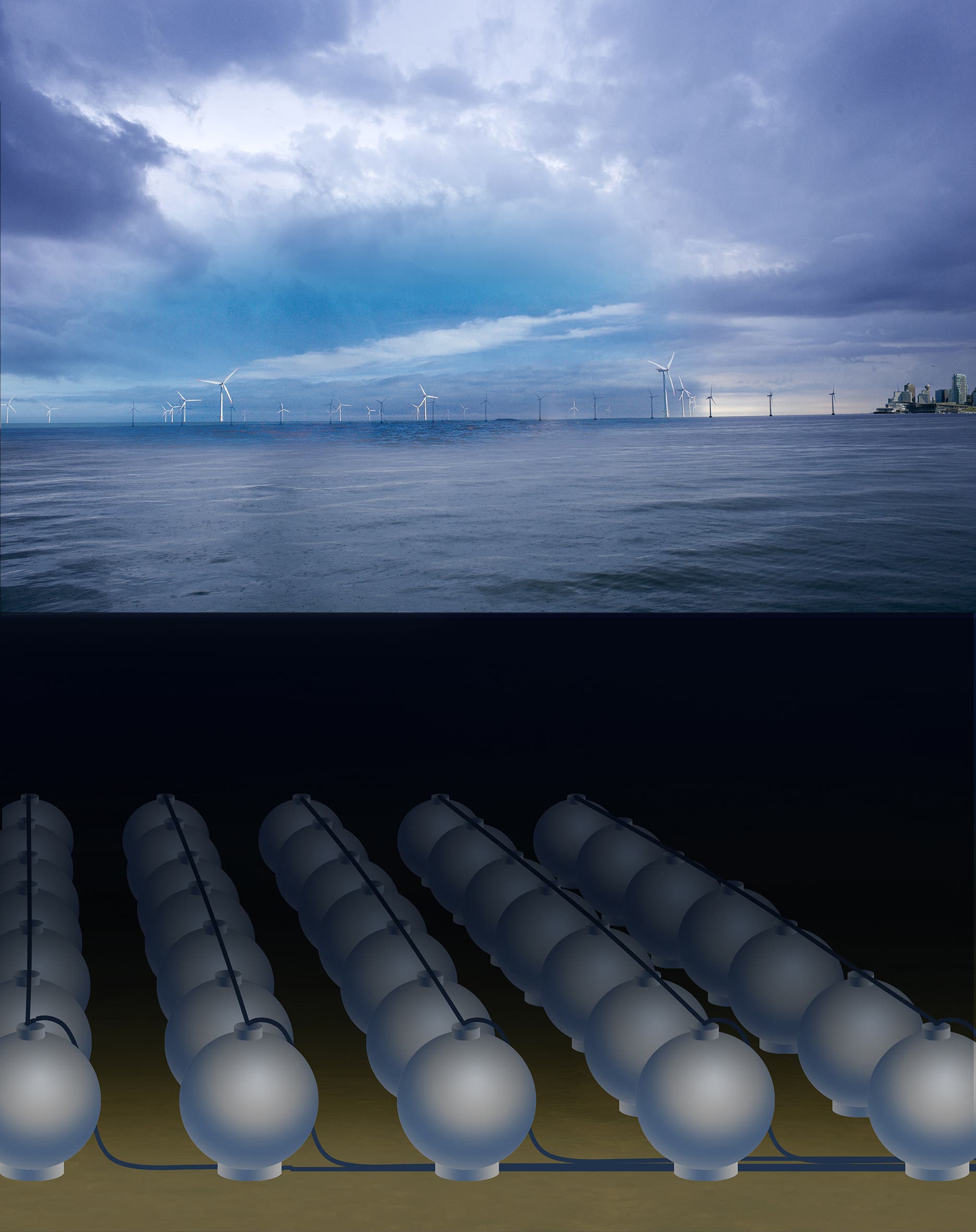 Konzept für ein Meer-Pumpspeicherkraftwerk mit vielen Kugelspeichern zur Zwischenspeicherung von Offshore-Strom