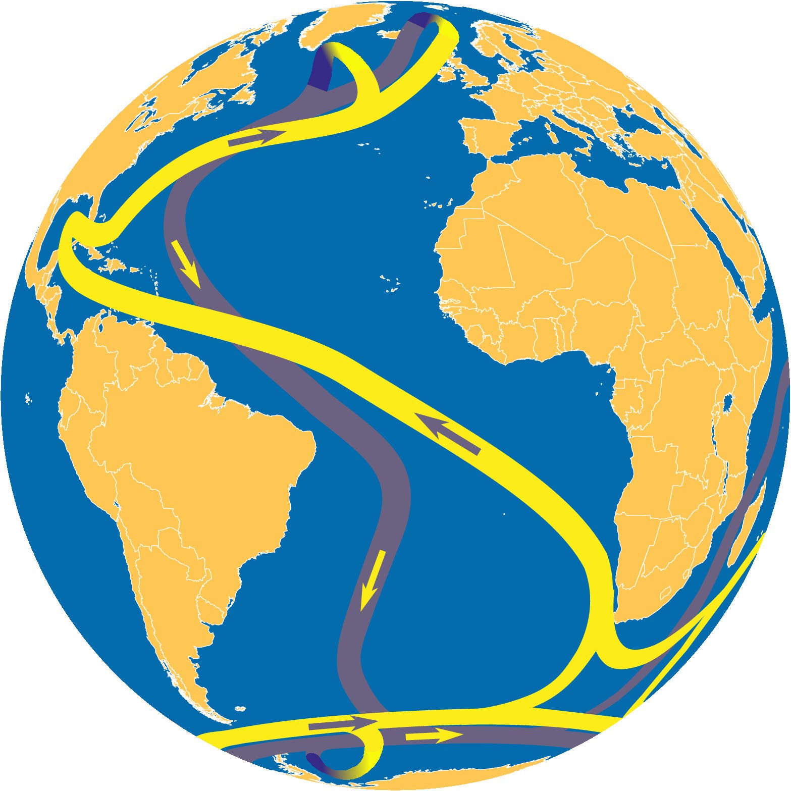 Das stark vereinfachte Schema zeigt, wie der Golfstrom in den Ozeanen fließt.