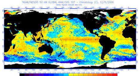 Abweichungen der Wassertemperatur im Pazifik