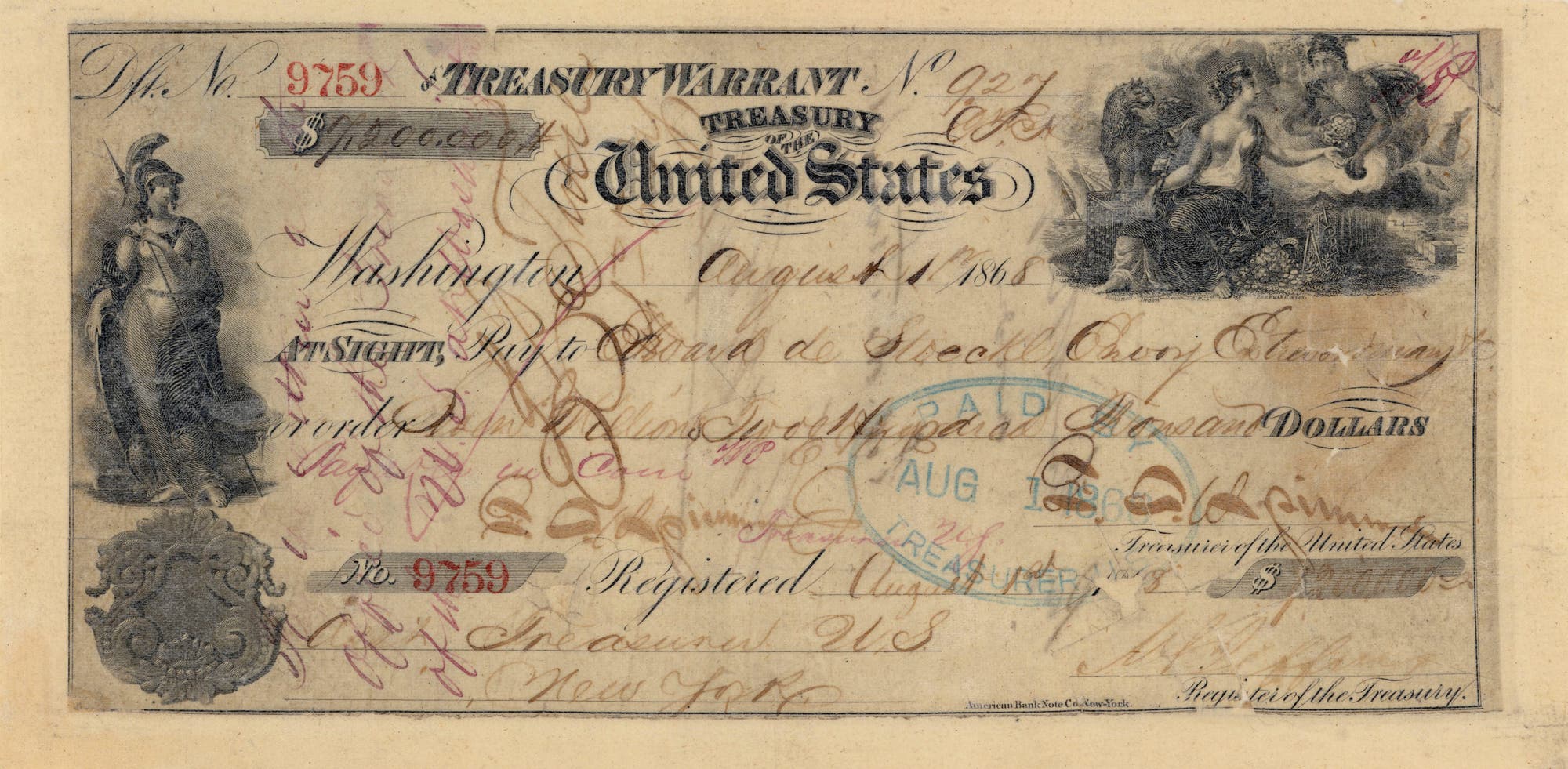 Ein historischer US-Schatzschein mit der Nummer 9759, ausgestellt in Washington. Der Schein zeigt kunstvolle Gravuren, darunter eine stehende weibliche Figur links und eine Gruppe von Figuren rechts. Der Schein ist mit verschiedenen Stempeln und Unterschriften versehen. Der Text »Treasury of the United States« ist prominent in der Mitte platziert.