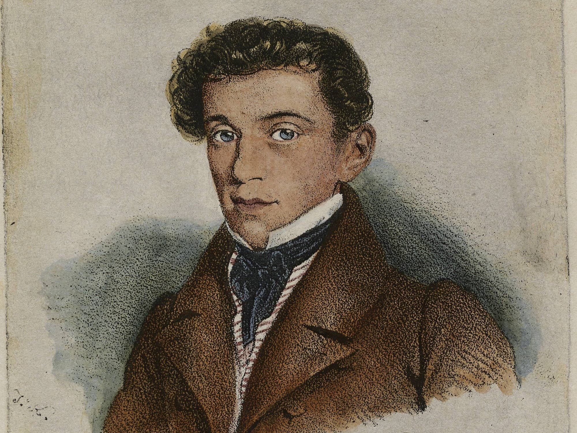 Ein Porträt eines jungen Mannes in einem braunen Mantel und einem weißen Hemd mit dunkler Krawatte. Der Hintergrund ist neutral gehalten, wodurch der Fokus auf das Gesicht und die Kleidung des Mannes gelegt wird. Die Darstellung ist detailliert und zeigt künstlerische Techniken der Schattierung und Farbgebung.