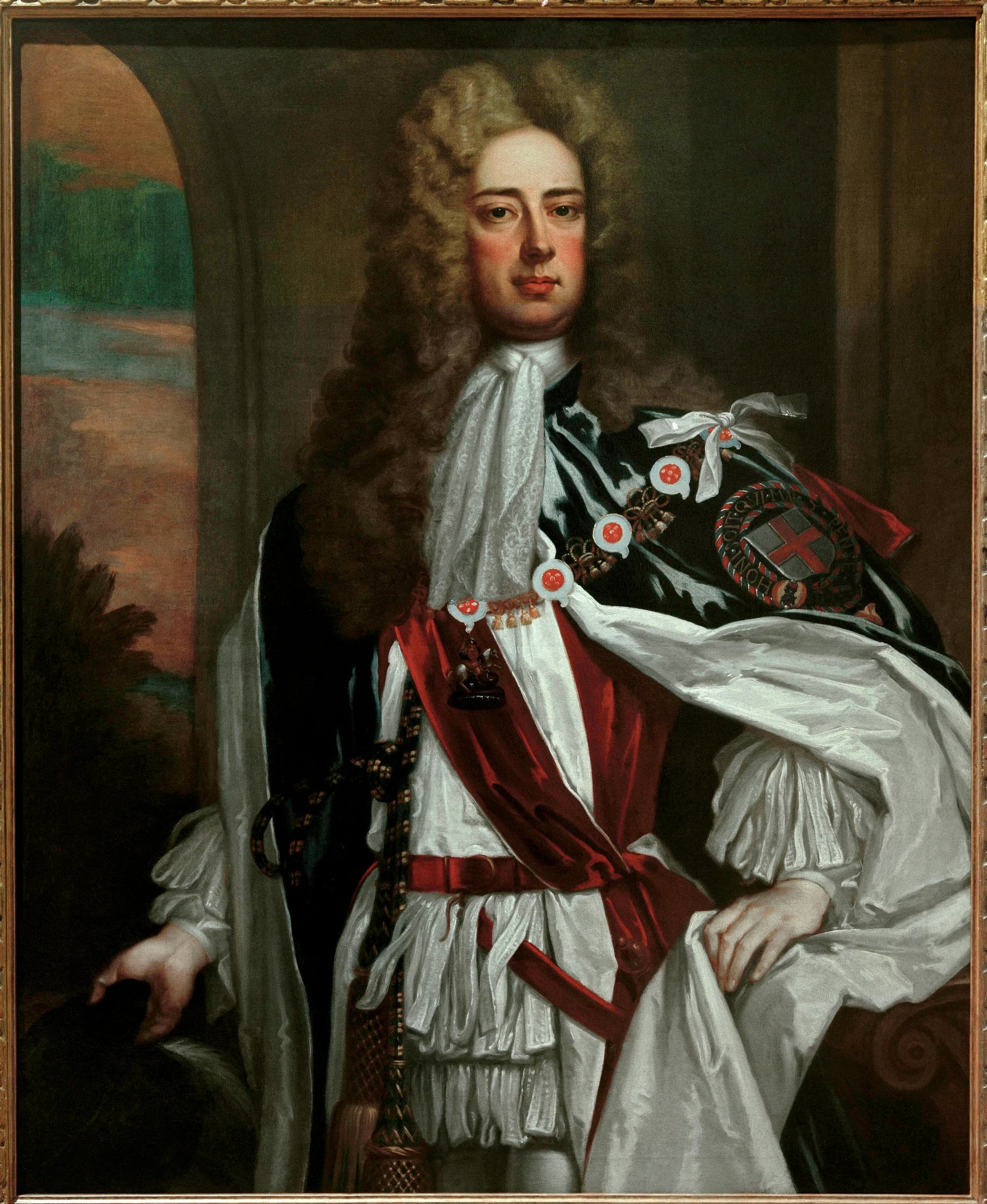 Mann in barockem Gewand und Perücke. Das Porträt von John Churchill malte Godfrey Kneller nach 1702.