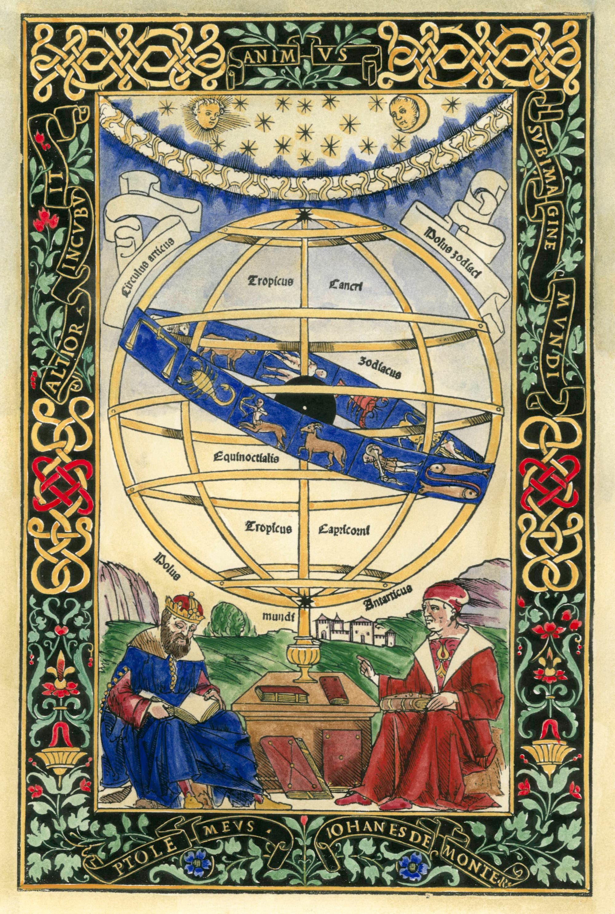 Diese später kolorierte Abbildung ziert die Titelseite von Regiomontanus' Werk »Epytoma in almagestum Ptolemaei« aus dem Jahr 1496.