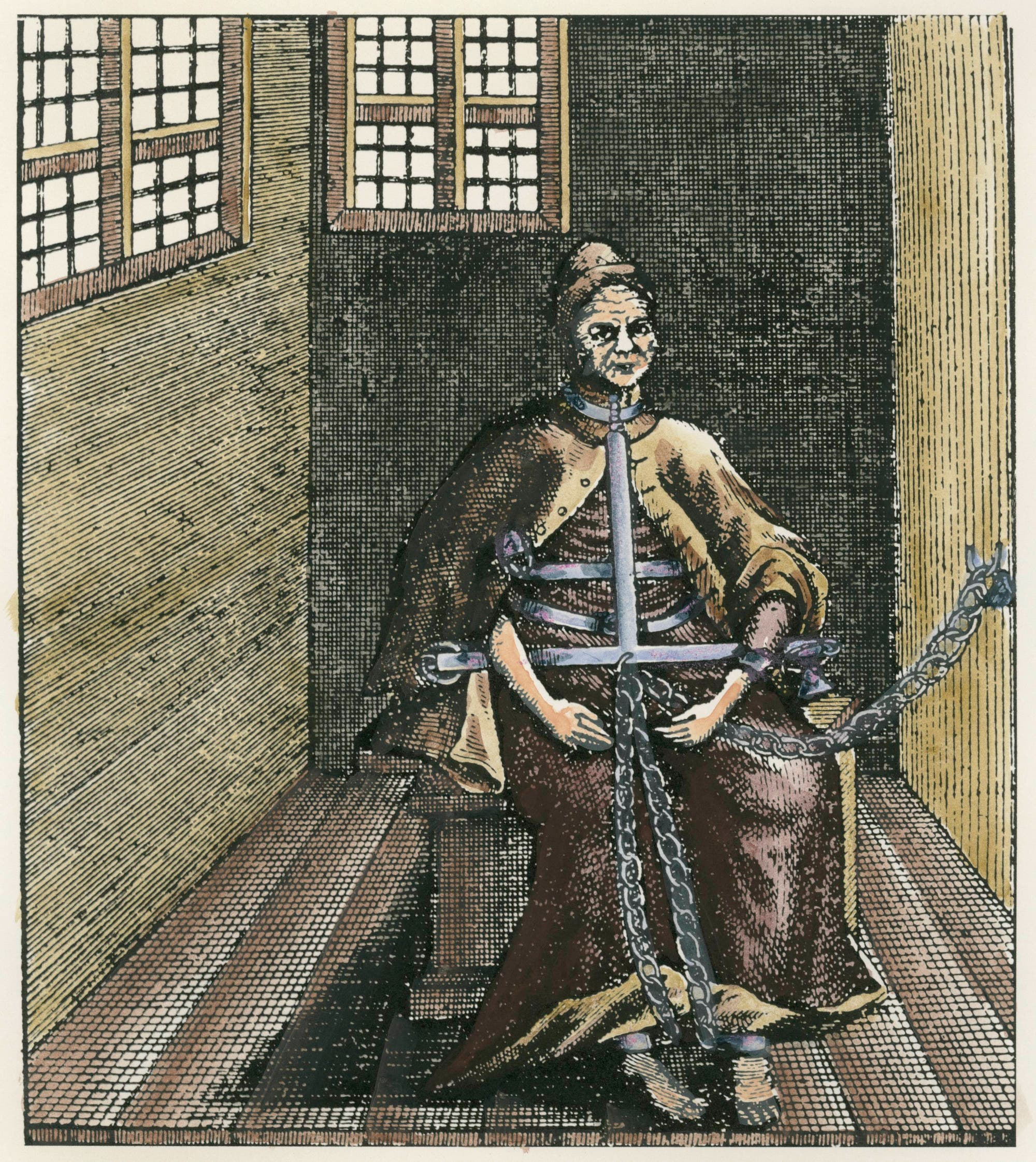 Eine mit Eisenklammern und Ketten gefesselte Hexe im Bamberger »Hexenhaus«, um 1600