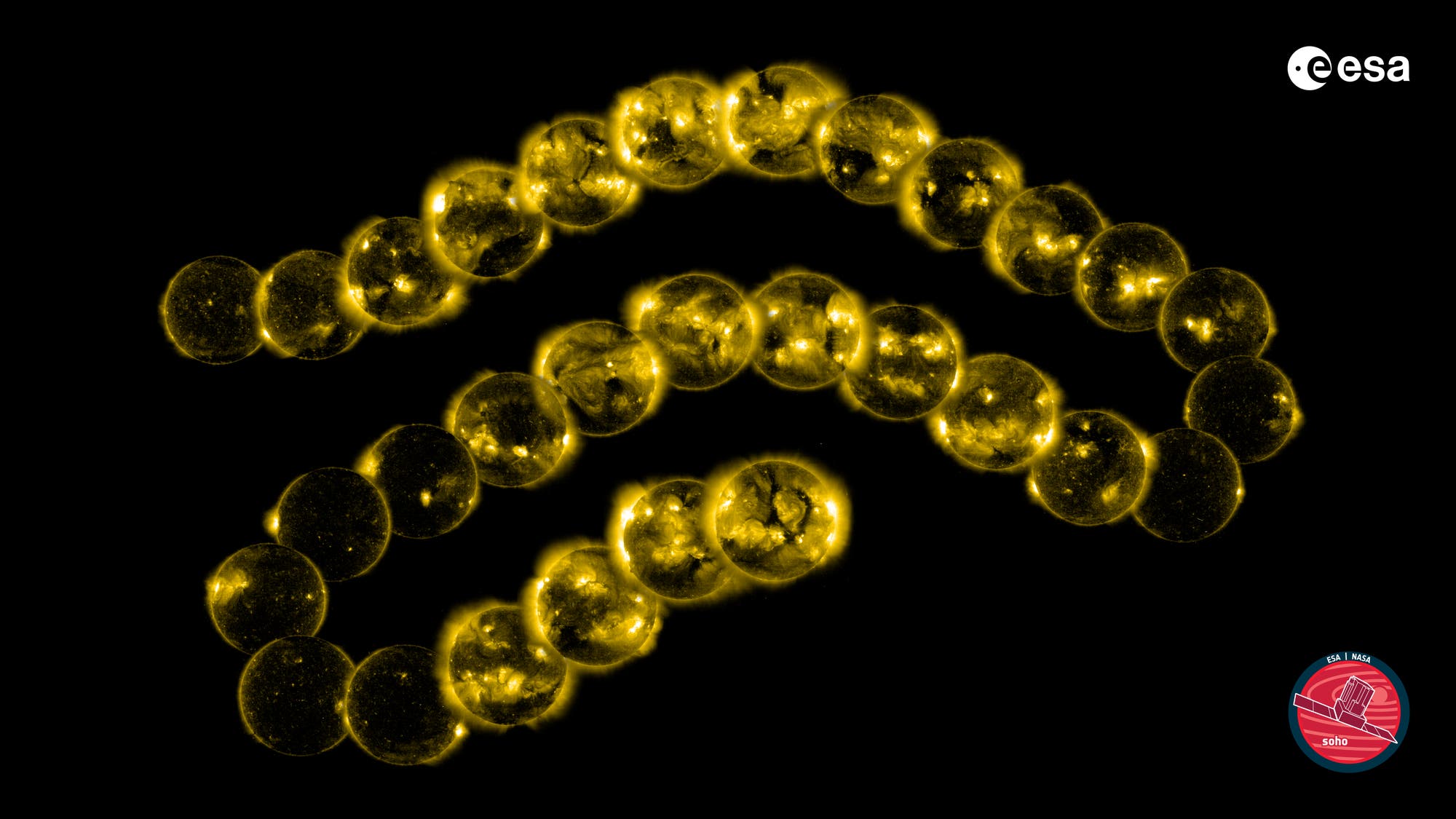 Sobre un fondo negro, un montaje de imágenes del sol dispuestas en una cadena en forma de serpiente de dos formas de V invertida anidadas. A lo largo de la cadena, el Sol alterna regularmente entre áreas más oscuras de baja actividad (lados izquierdo y derecho de la cadena) y áreas más brillantes de regiones más activas (en el centro de la cadena, en los extremos de las formas de V invertida).