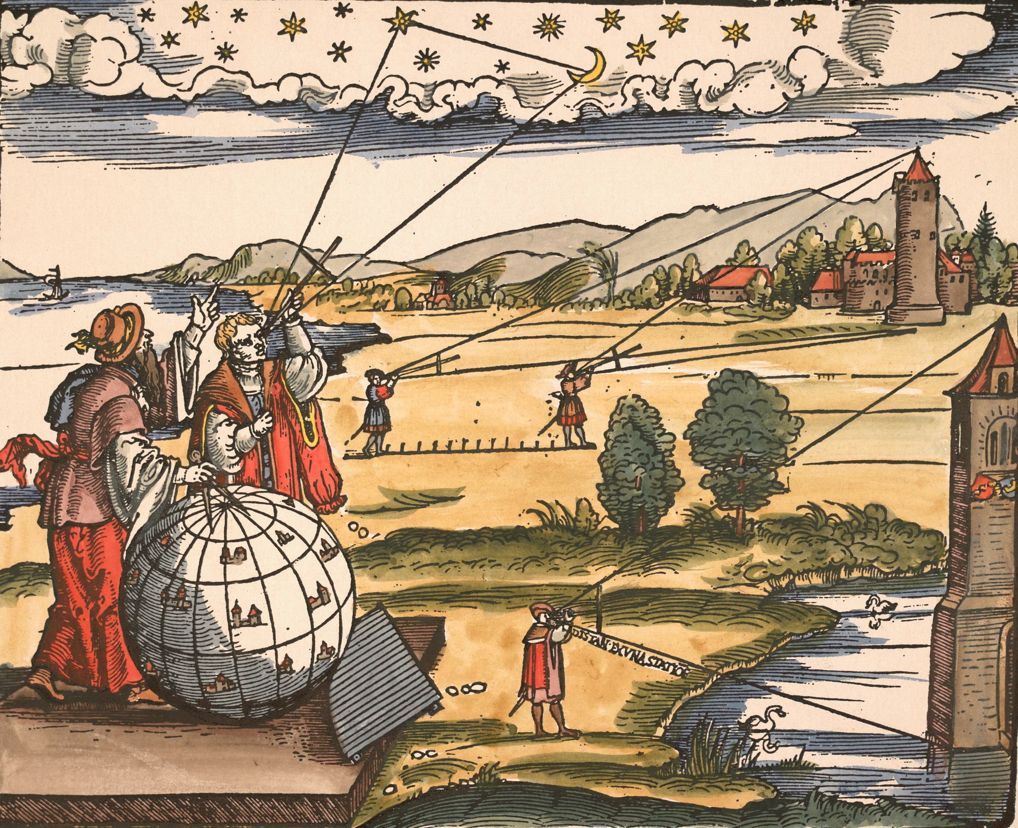 Der Holzschnitt in dem Werk »Introductio geographica« des Mathematikers Peter Apian (1495–1552) stellt die Verwendung des Jakobsstabs dar.