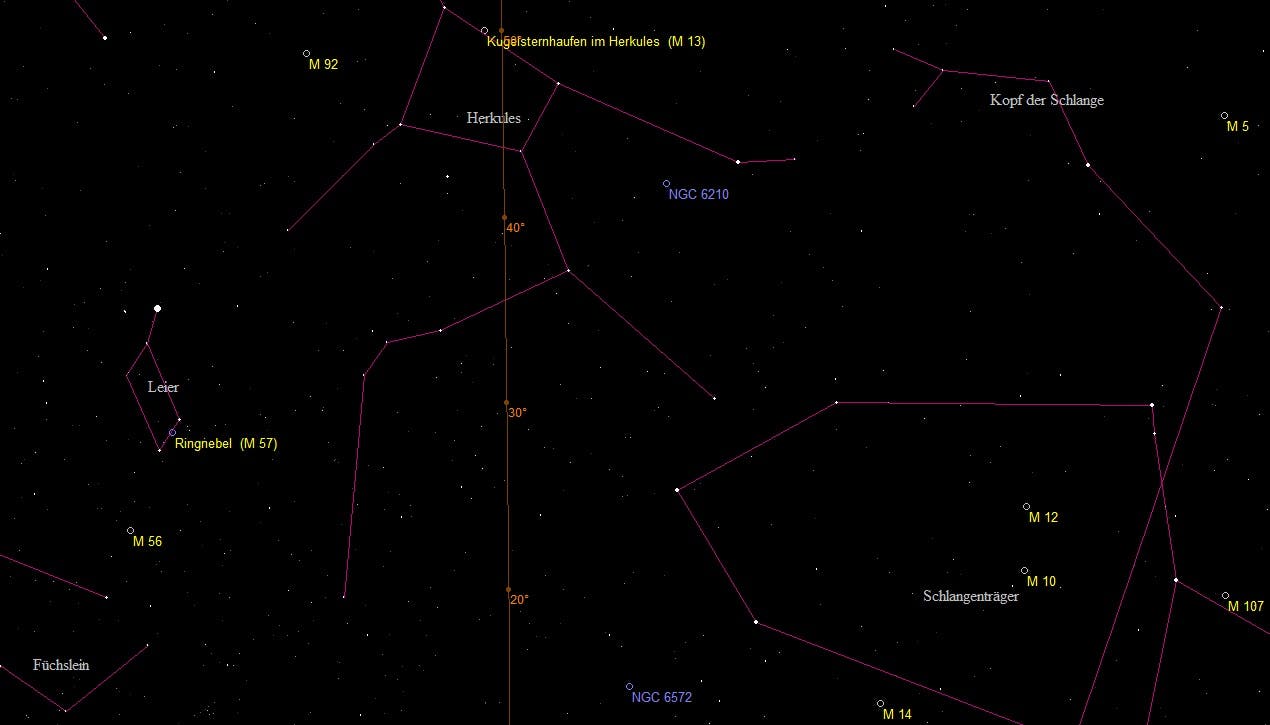 Aufsuchkarte für das Gebiet um die drei Planetarischen Nebel Messier 57, NGC 6210 und NGC 6572.