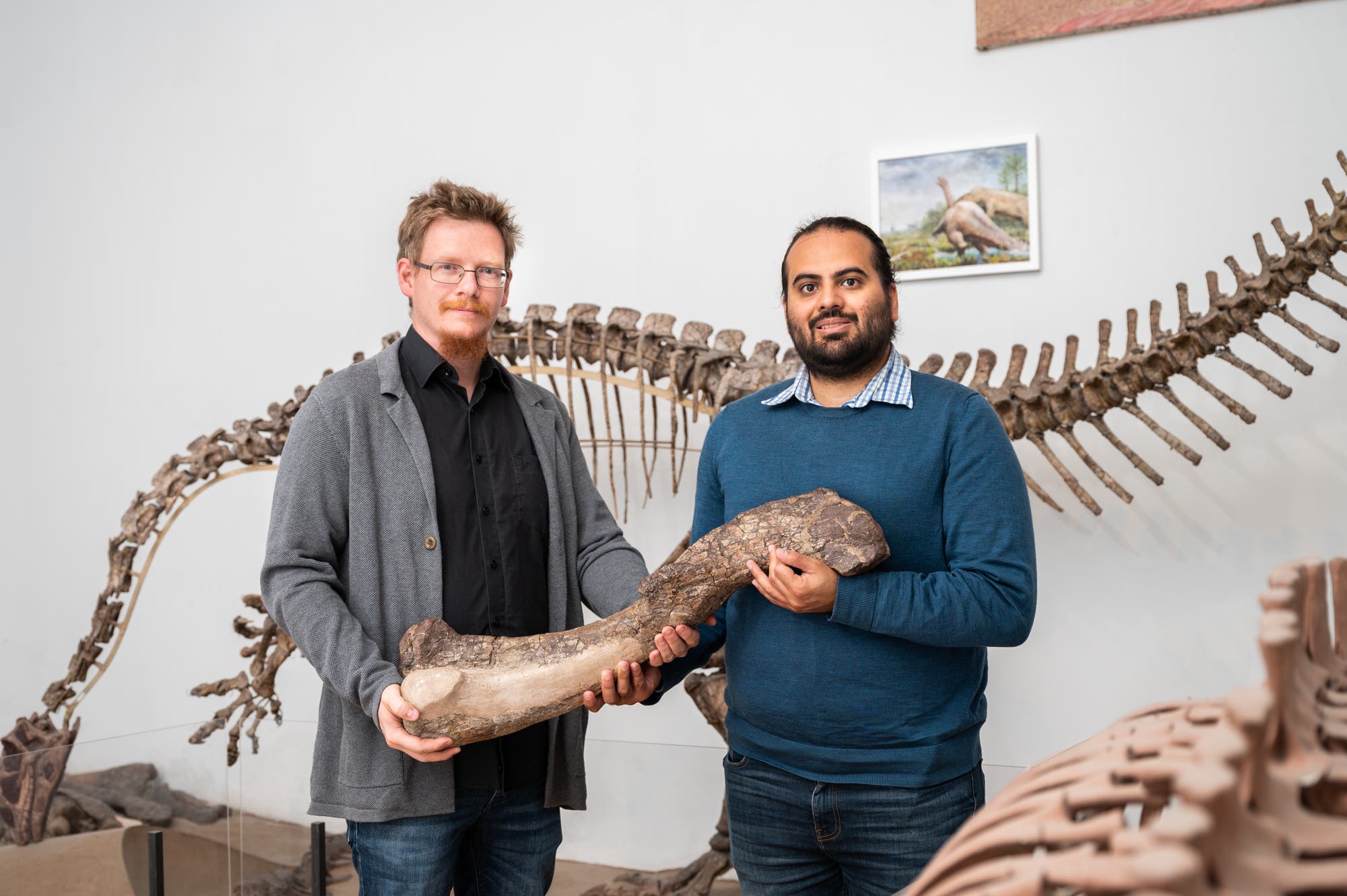 Ingmar Werneburg (links) und Omar Rafael Regalado Fernandez zeigen den Oberschenkel-Knochen des Dinos