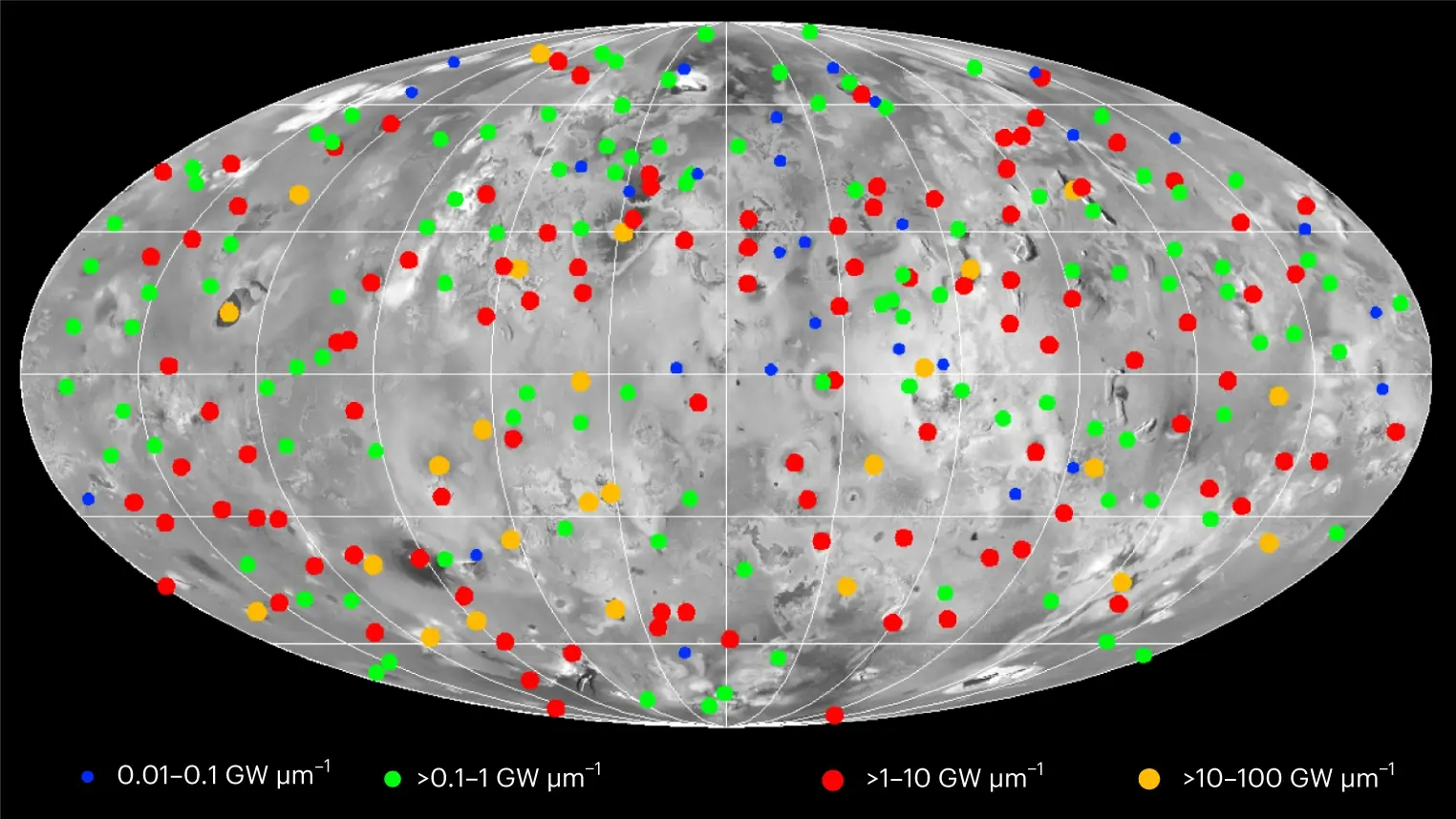 Globale Karte der heißen Flecken auf dem Jupitermond Io