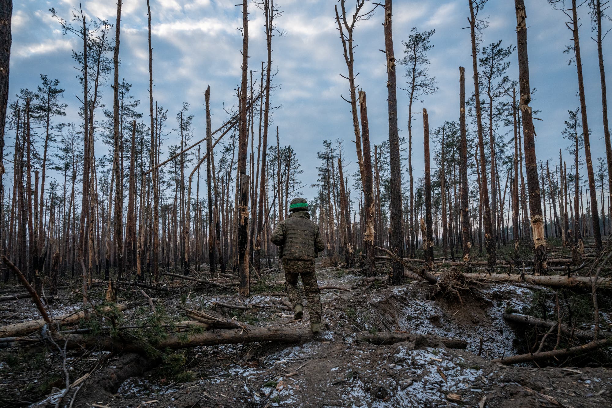 Ein Soldat in der Mondlandschaft eines Walds, dessen Bäume zerschossen wurden