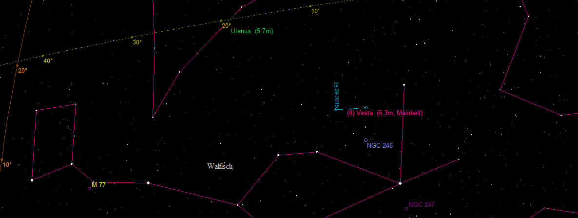 Aufsuchkarte für den Asteroiden (4) Vesta im Sternbild Walfisch
