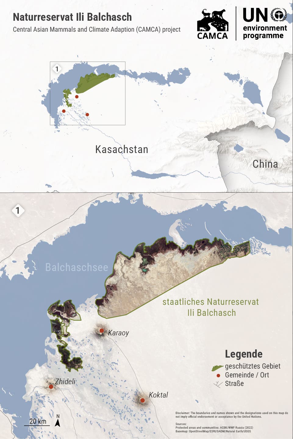Die Abbildung zeigt ausgewählte Schutzgebiete und Gemeinden in Kasachstan im Rahmen des CAMCA-Projekts (Central Asian Mammals and Climate Adaptation). Links oben ist eine Übersichtskarte von Kasachstan mit zwei hervorgehobenen Bereichen. Unten links ist eine detaillierte Karte des Ile-Balkhash State Nature Reserve am Balchaschsee, mit markierten Orten wie Karaoy, Zhideli und Koktal. Rechts ist eine Karte des Zhongar Alatau State National Natural Park, nahe der Grenze zu China, mit den Dörfern Koksu und Basshy. 
