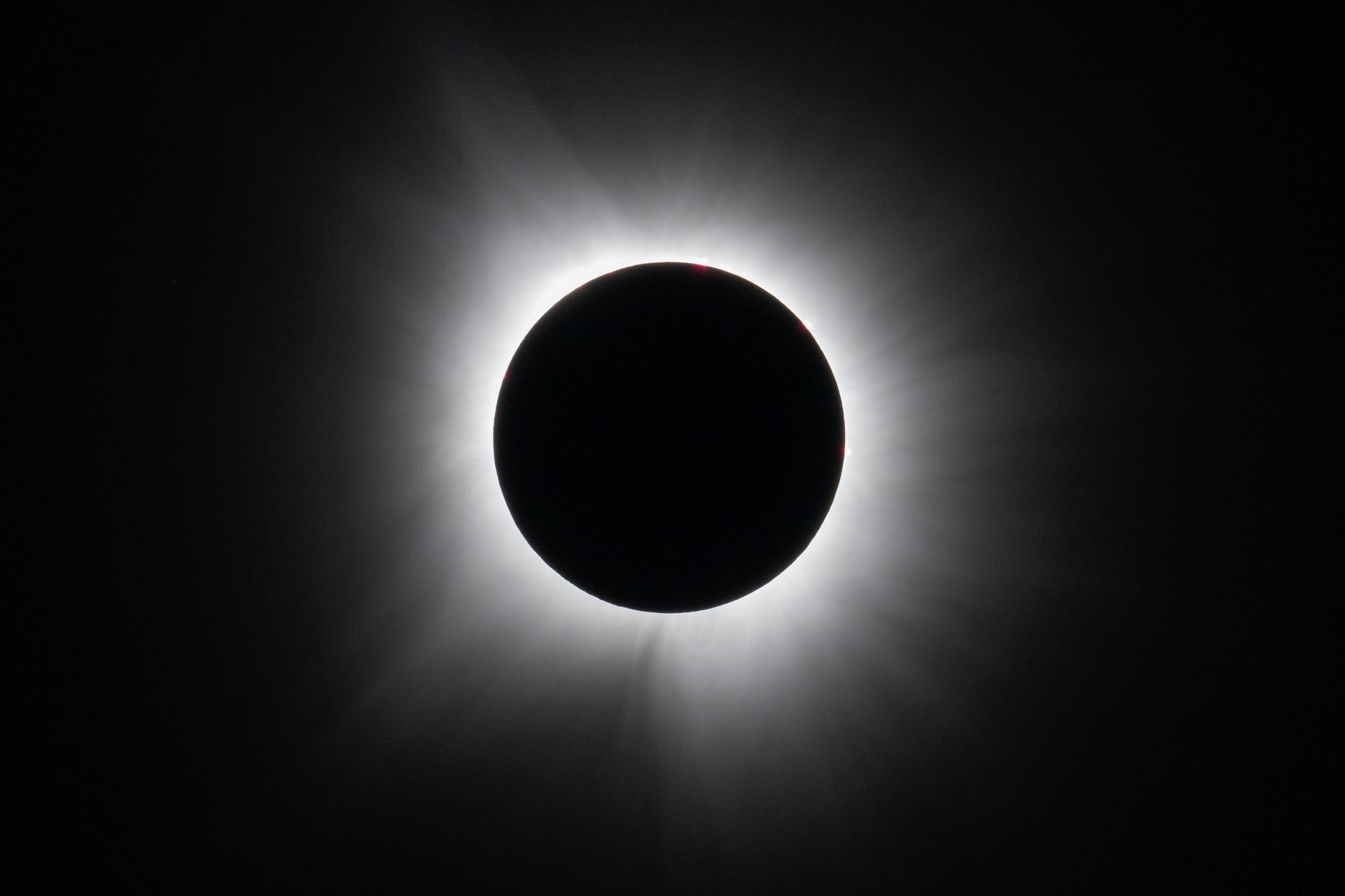 Foto von der Korona der Sonne, die während der Sonnenfinsternis am 8. April 2024 zum Zeitpunkt der Totalität zu sehen war