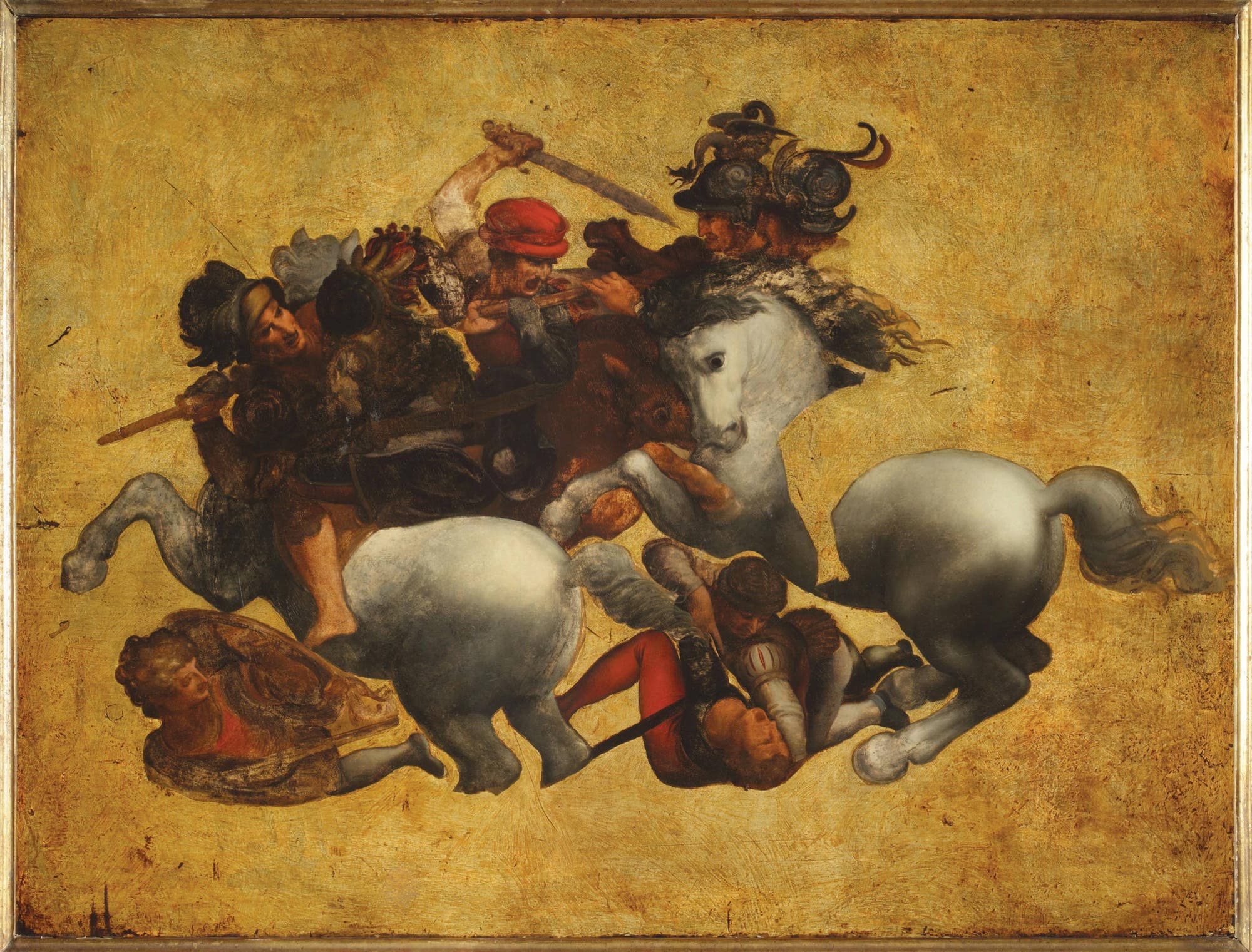 Ein buntes unvollendetes Ölbild zeigt einen Ausschnitt eines intensives Kampfgetümmels. Außer einem halben Dutzend Männern, die sich bekämpfen, sind auch zwei Pferde zu erkennen. Im Zentrum des Bildes erhebt sich eine schreiende Figur mit roter Kopfbedeckung, die hoch über dem Kopf ein Schwert schwingt.