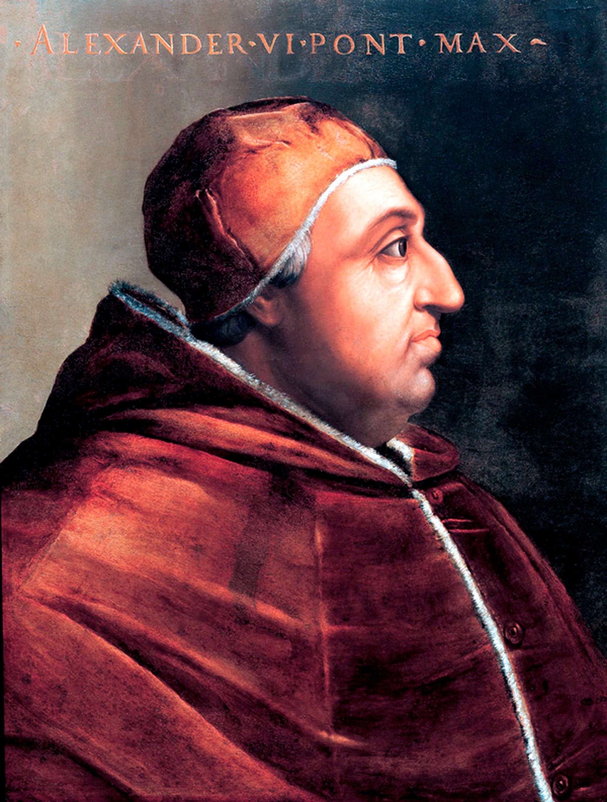 Ein Gemälde zeigt einen Mann in päpstlicher Kleidung, der nach rechts blickt. Er trägt eine rote Robe und eine passende Kopfbedeckung. Oben im Bild steht der Text "Alexander VI Pont Max". Der Hintergrund ist dunkel gehalten.