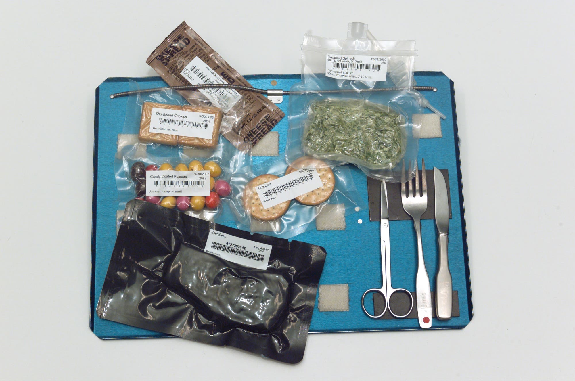 Bags of Space Station food and utensils on tray