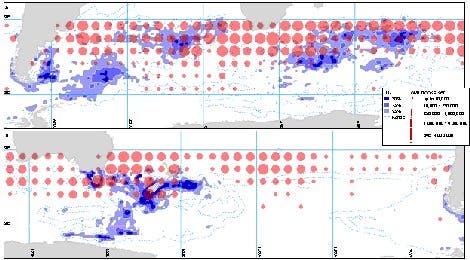 Karte der Verbreitung von Albatrossen und der Langleinen-Fischerei