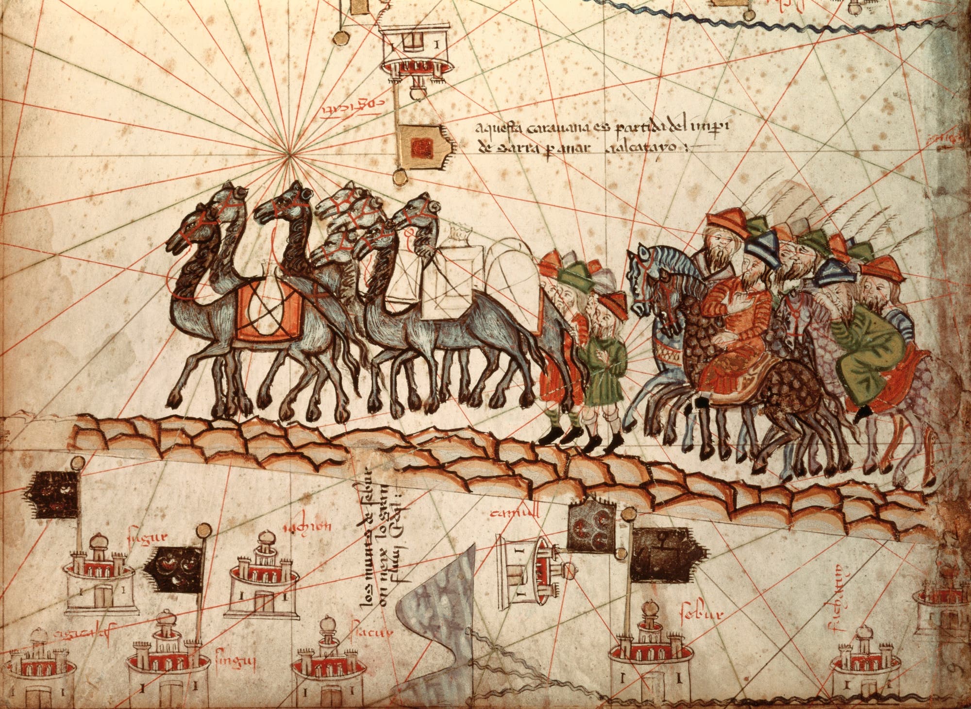 Eine historische Karte zeigt eine Karawane von Kamelen, die von Reitern begleitet wird. Die Kamele tragen Lasten, während die Reiter in traditionellen Gewändern und Hüten gekleidet sind. Im Hintergrund sind gezeichnete Gebäude und geografische Linien zu sehen. Der Text auf der Karte ist in einer alten Schrift verfasst. Die Szene vermittelt den Eindruck einer Handelsroute in einer Wüstenregion.