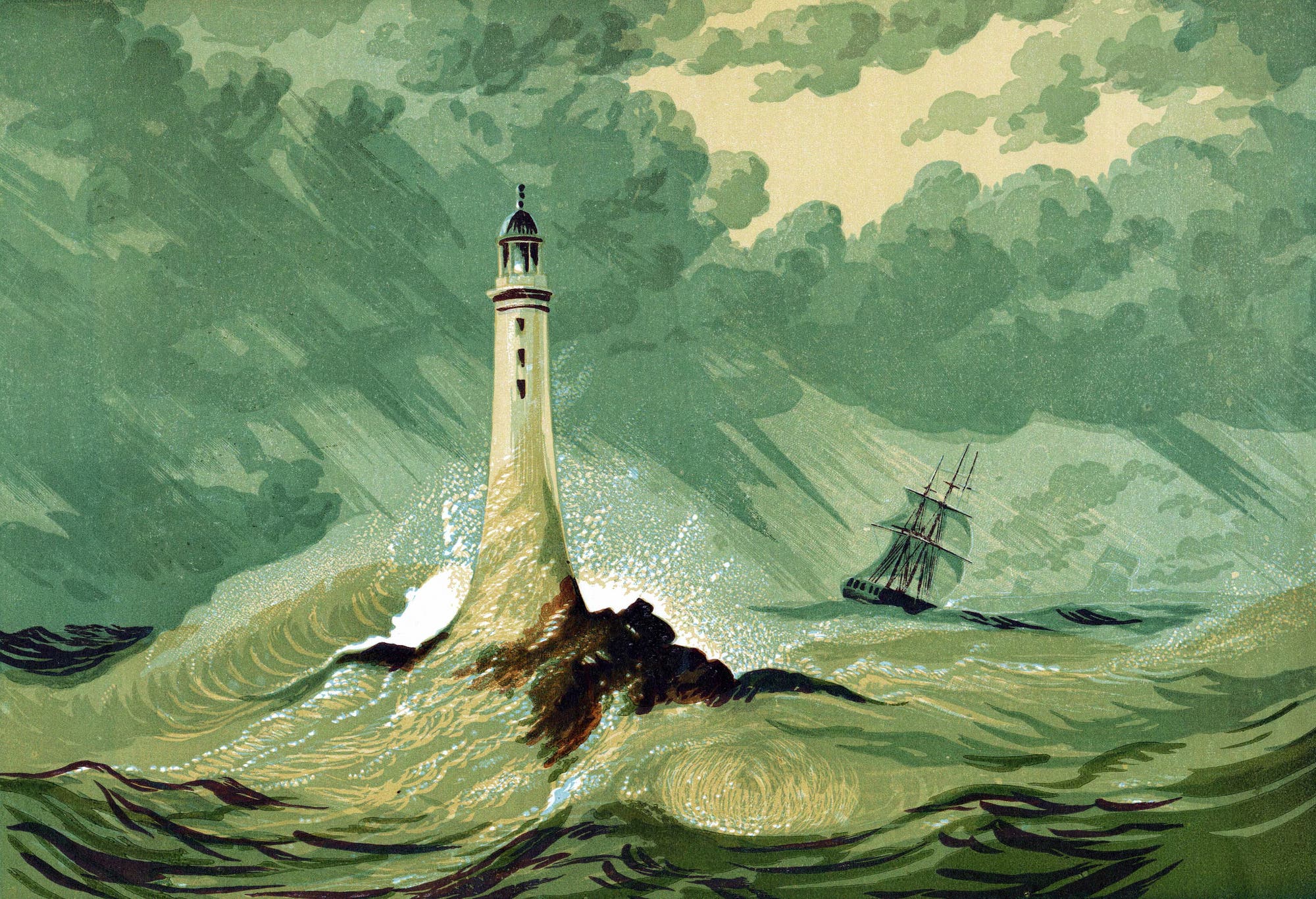In den 1750er wurde vor der Küste Cornwalls der Eddystone-Leuchtturm errichtet – nach den Plänen von John Smeaton. Der Ölfarbendruck zeigt das Bauwerk um 1850.