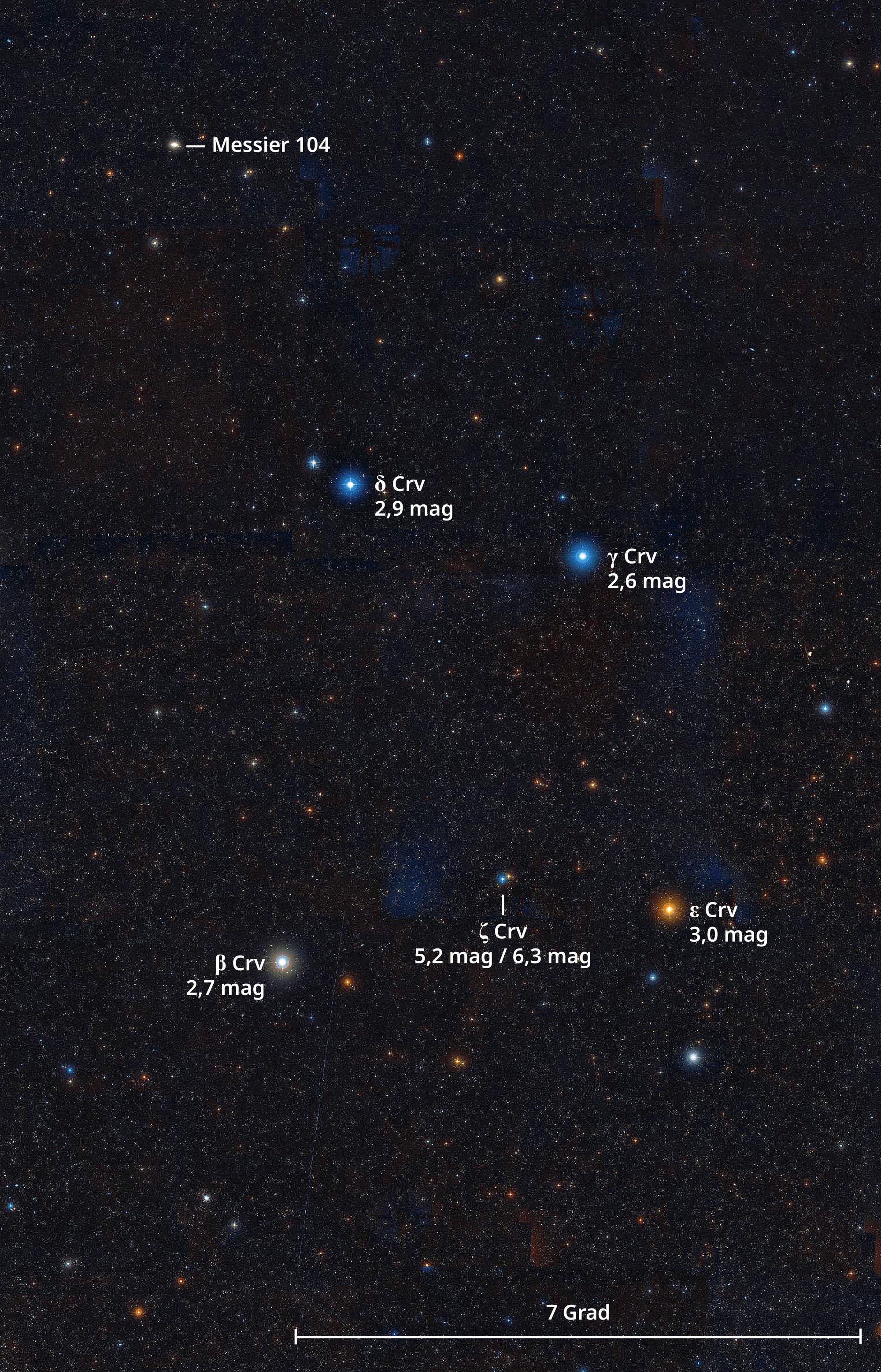 Das Foto zeigt das Frühlingssternbild Rabe mit dem Doppelstern Delta Corvi und der Sombreogalaxie Messier 104.